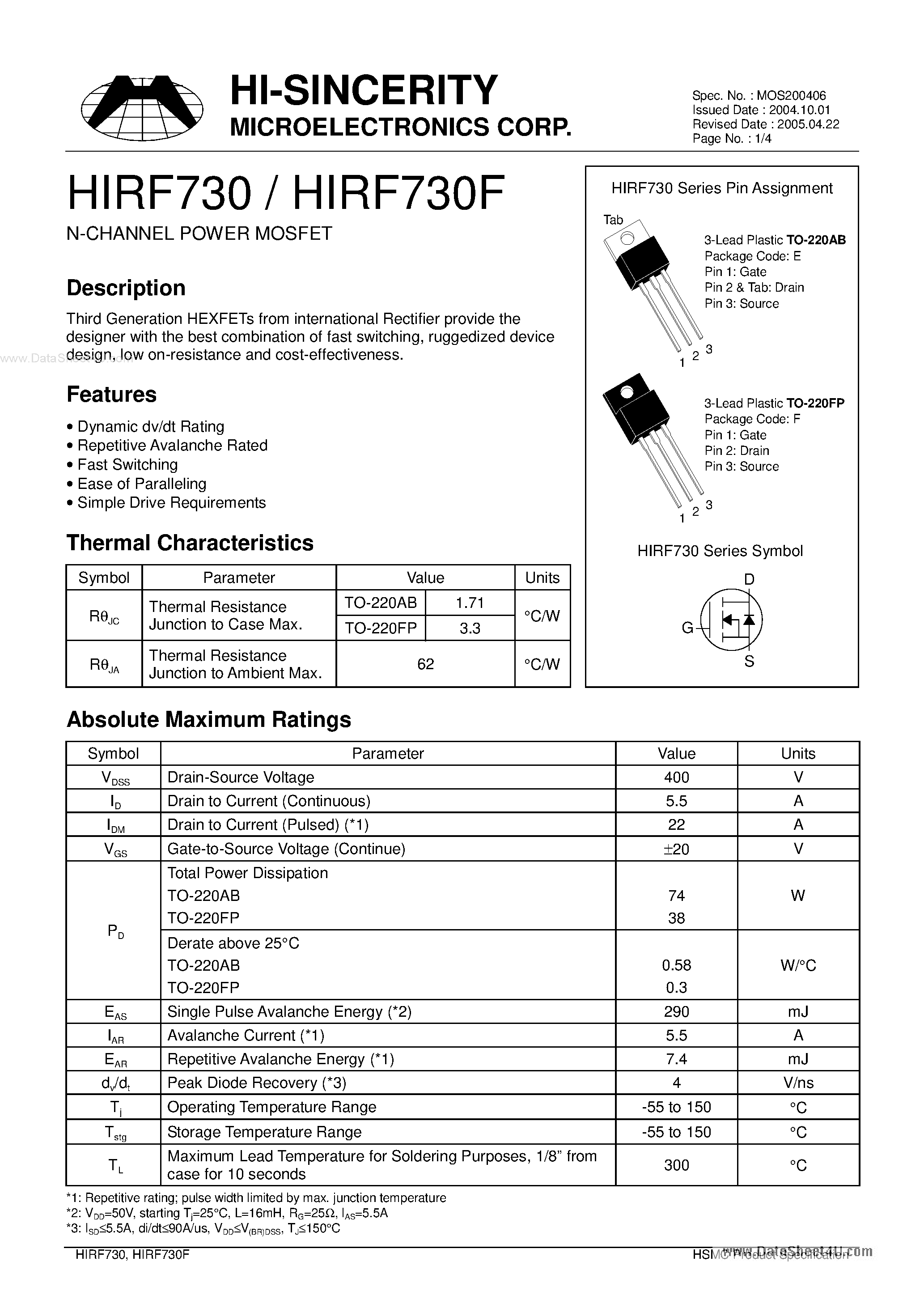 Datasheet HIRF730 page 1 Datasheet HIRF730 - N-CHANNEL POWER MOSFET page 1