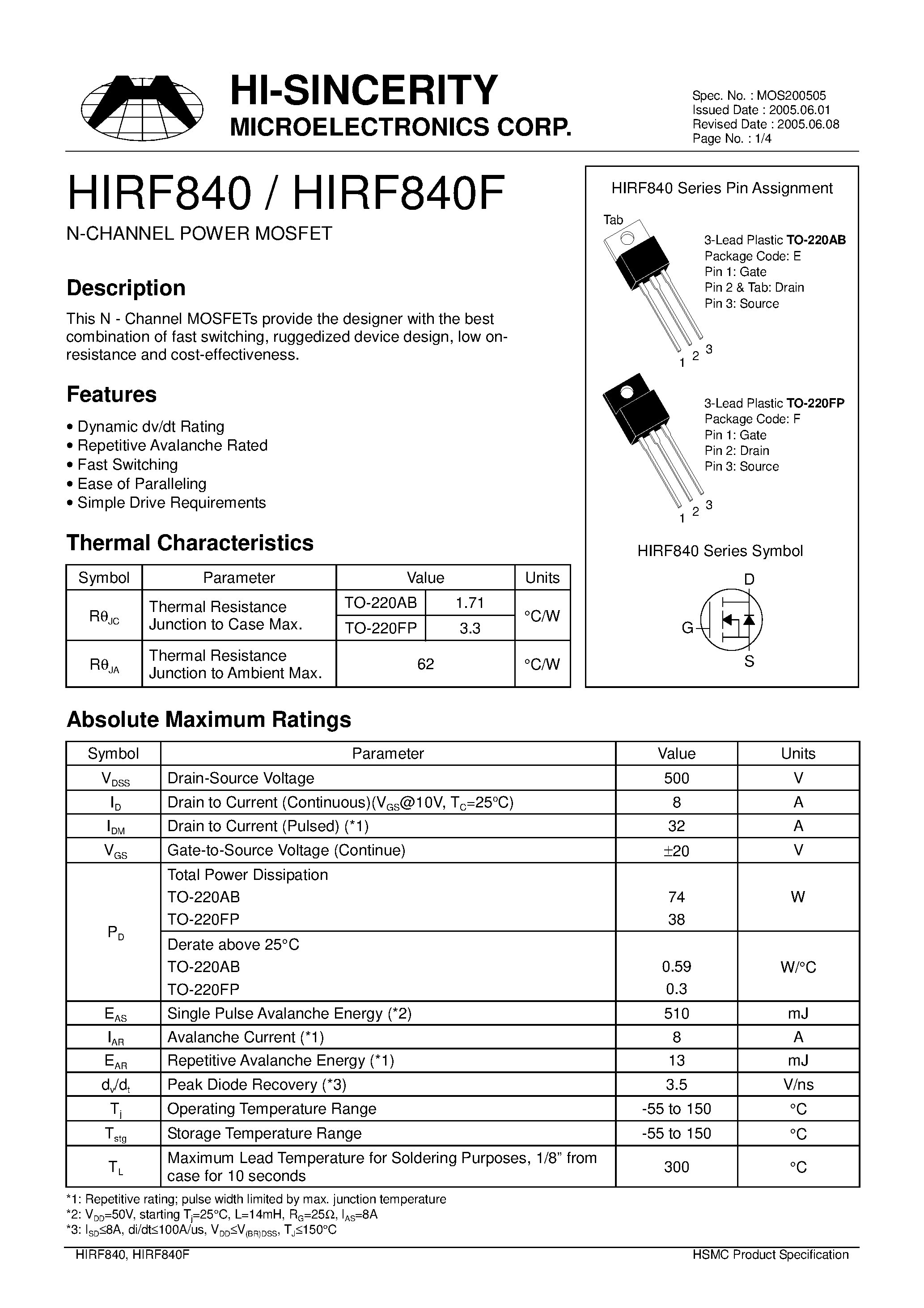 Datasheet HIRF840 - N-Channel Power MOSFET page 1