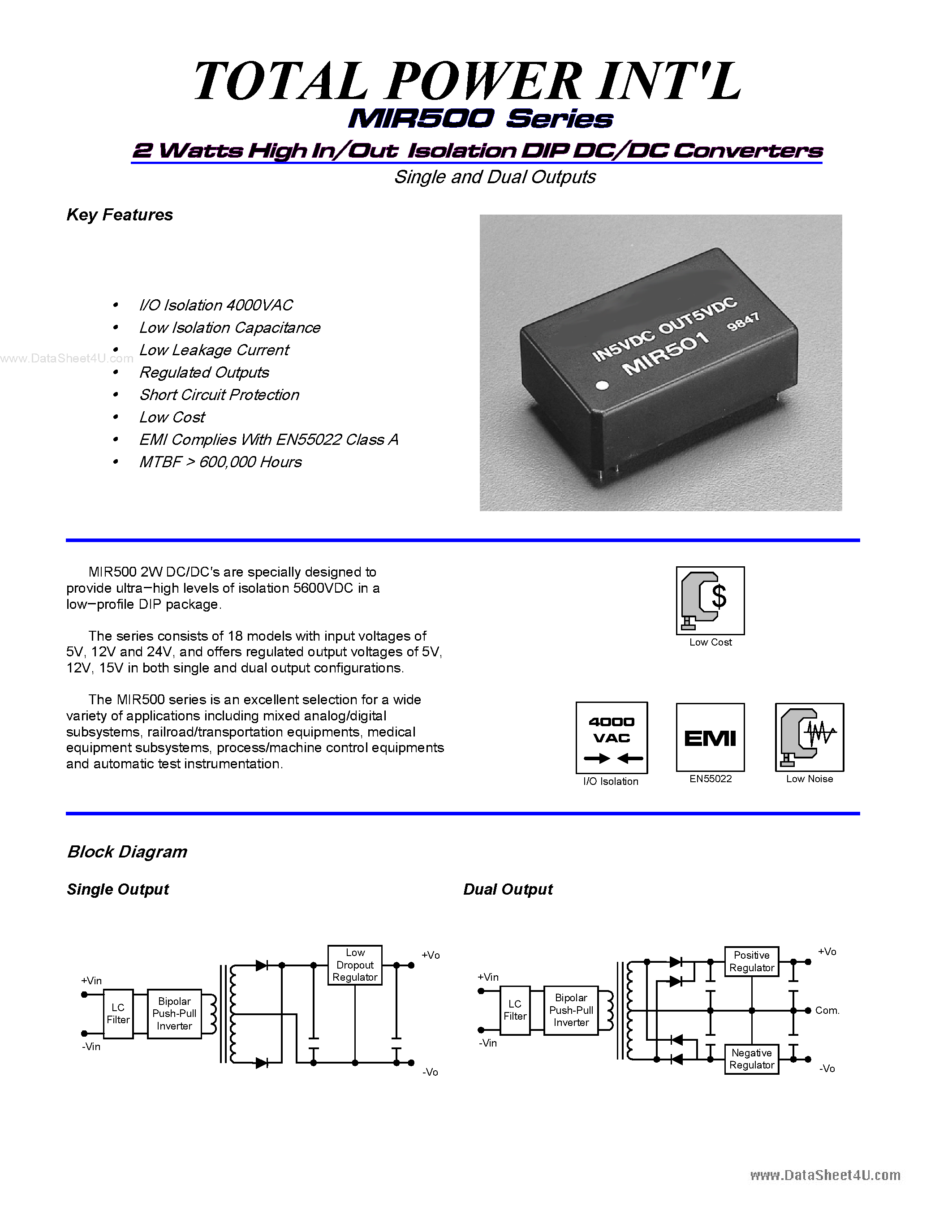 Datasheet MIR500 - 2 Watts High In/Out Isolation DIP DC/DC Converters Single and Dual Outputs page 1
