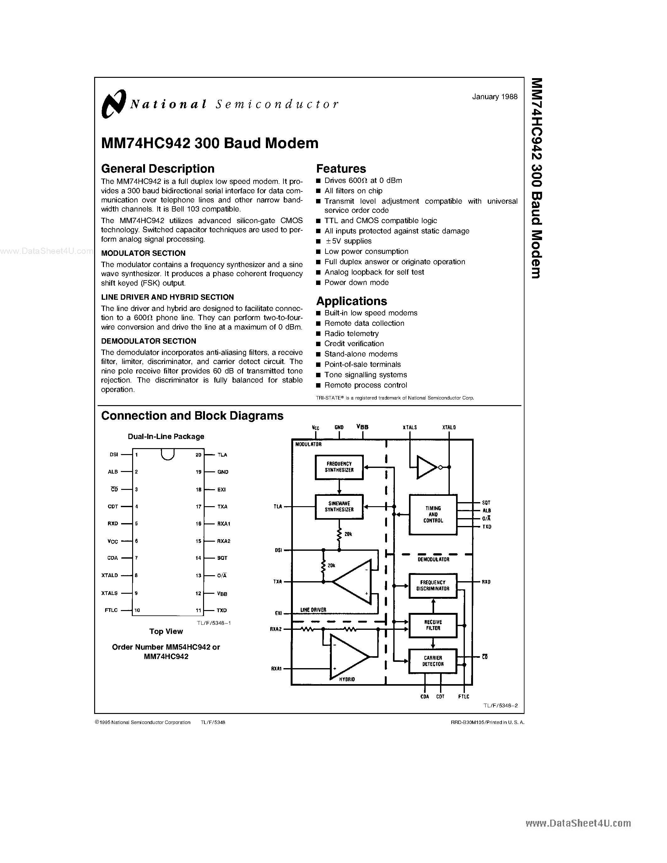Даташит 74HC942 - full duplex low speed modem страница 1