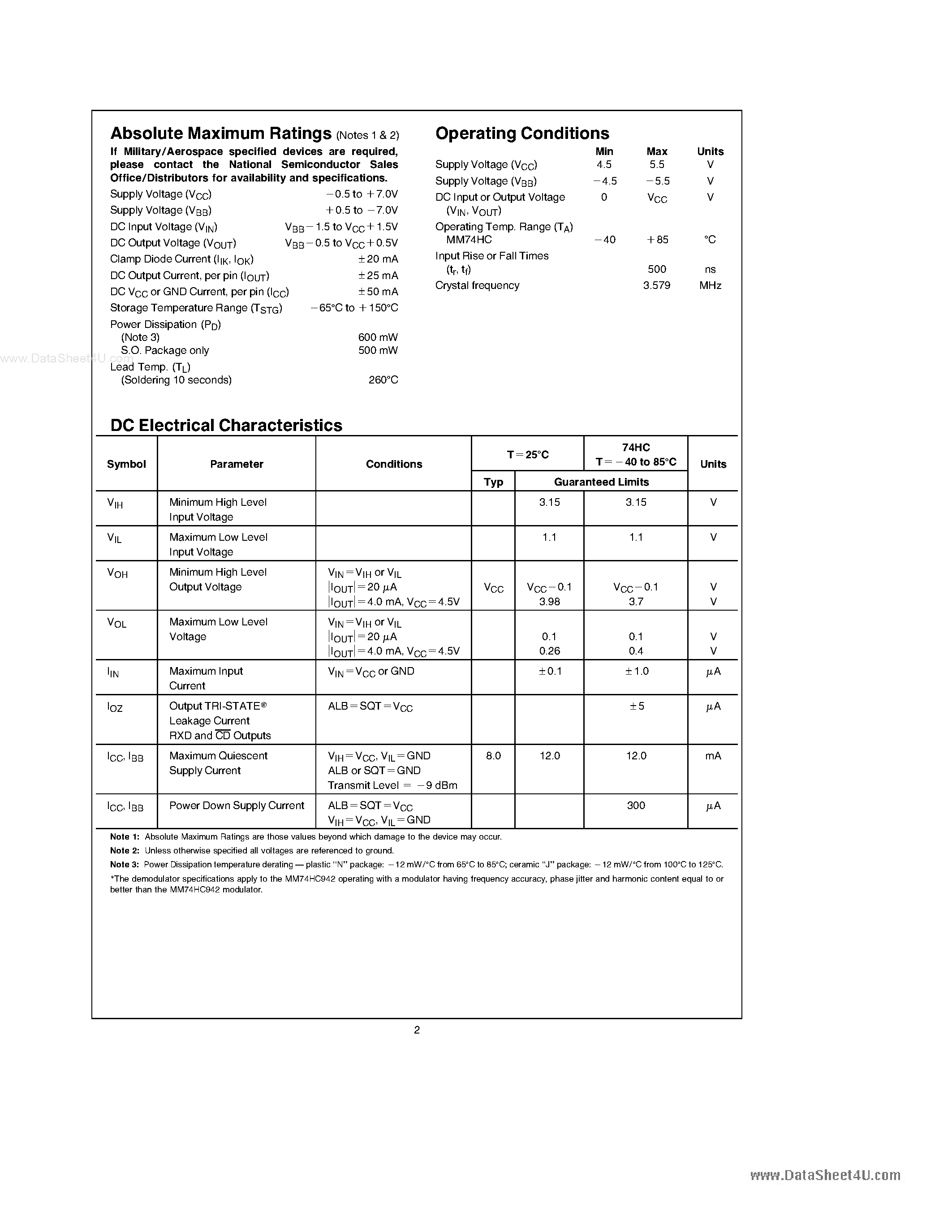 Даташит 74HC942 - full duplex low speed modem страница 2