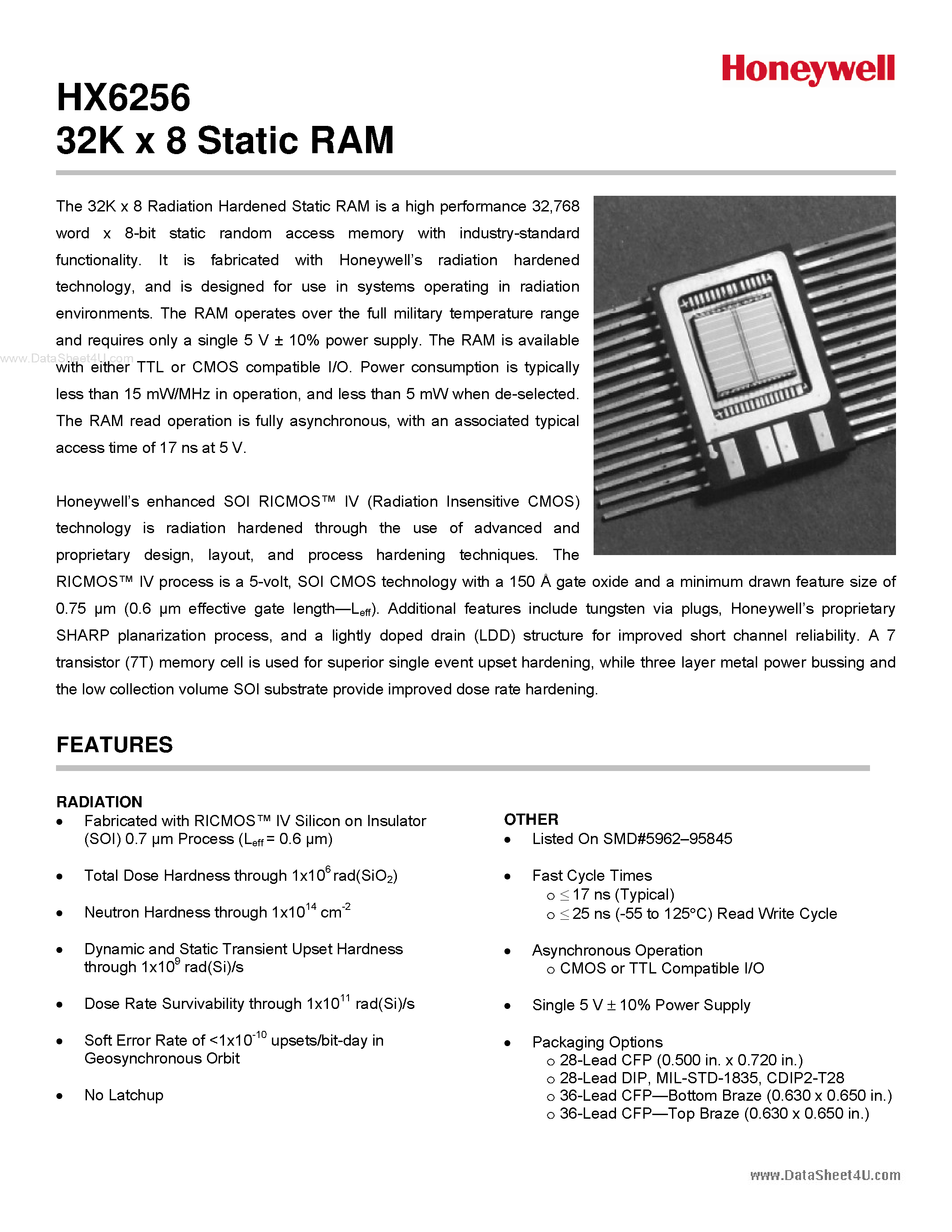 Datasheet HX6256 - 32K x 8 Static RAM page 1