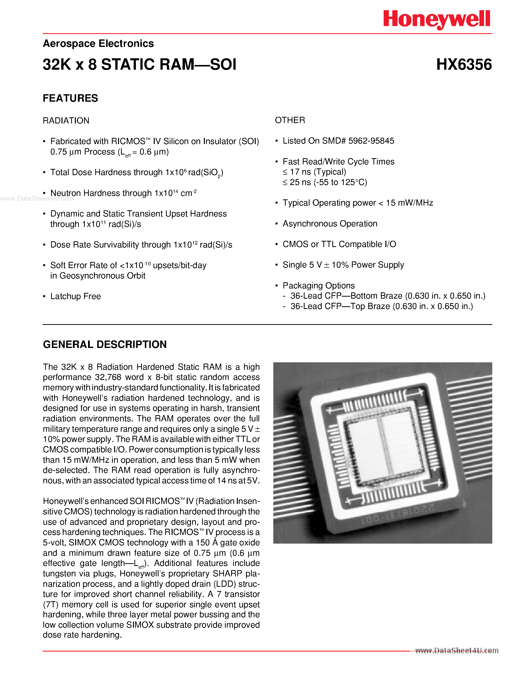 Datasheet HX6356 - 32K x 8 STATIC RAM-SOI page 1