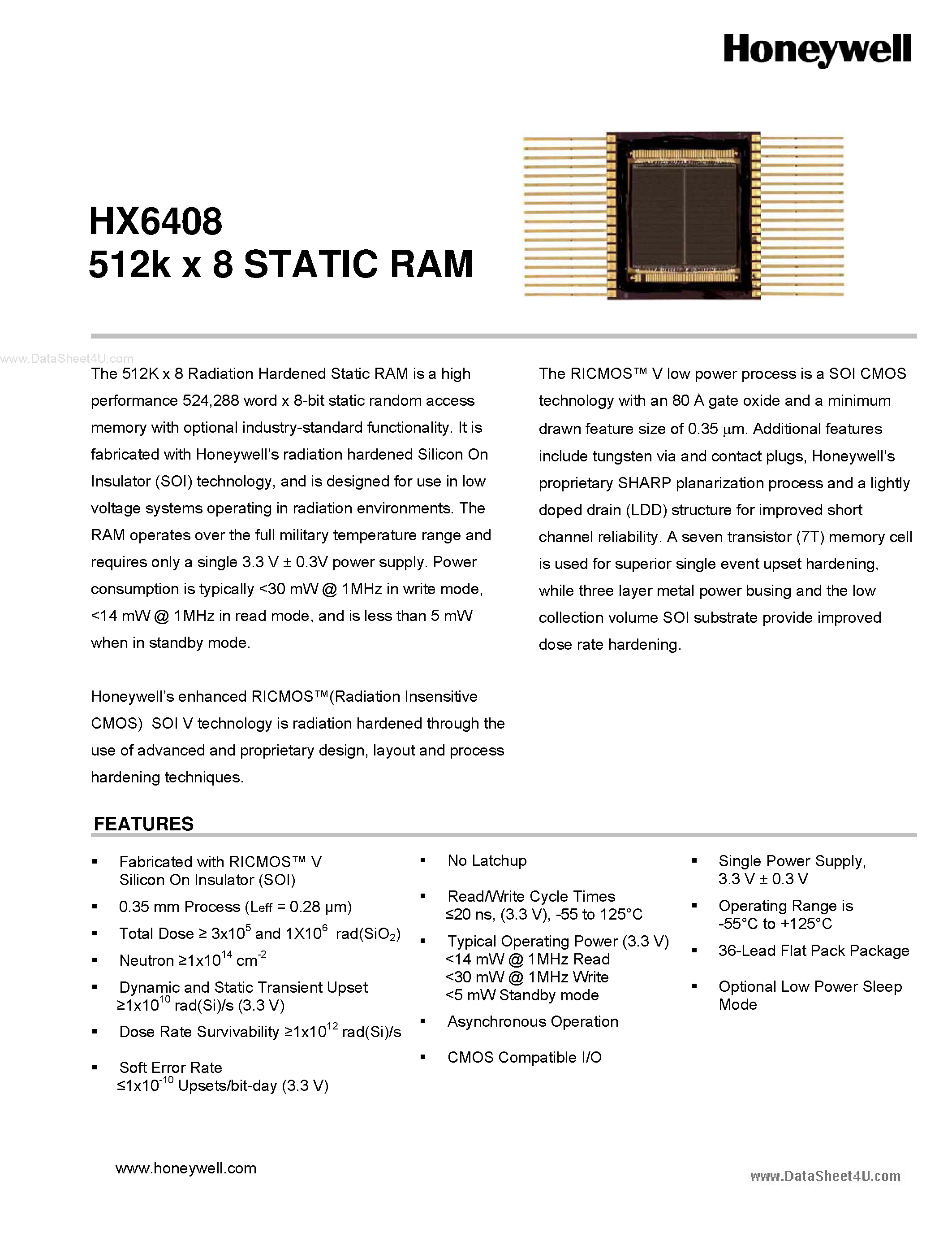 Datasheet HX6408 - 512k x 8 STATIC RAM page 1