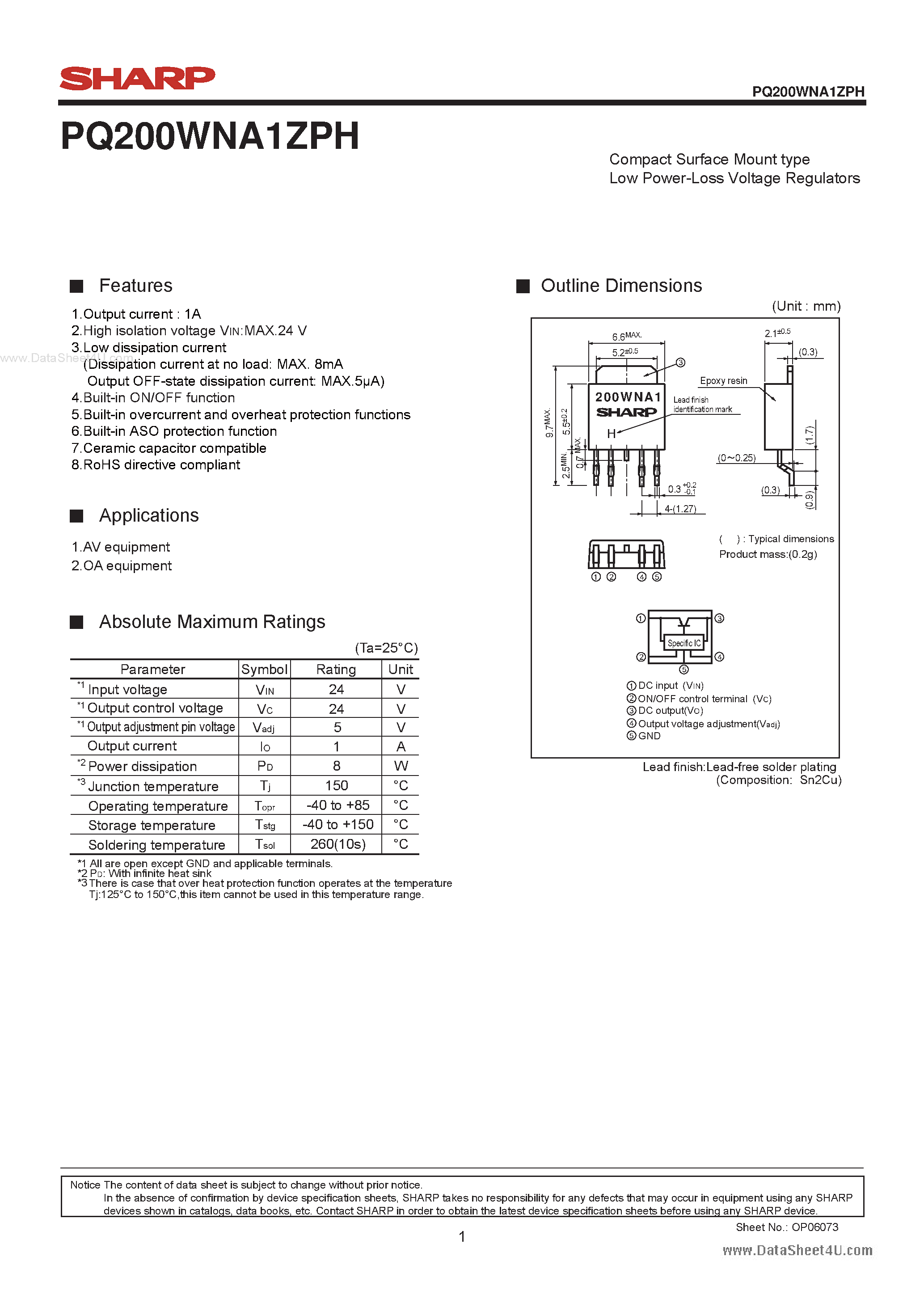 Datasheet 200WNA1 - Search -----> PQ200WNA1ZPH page 1