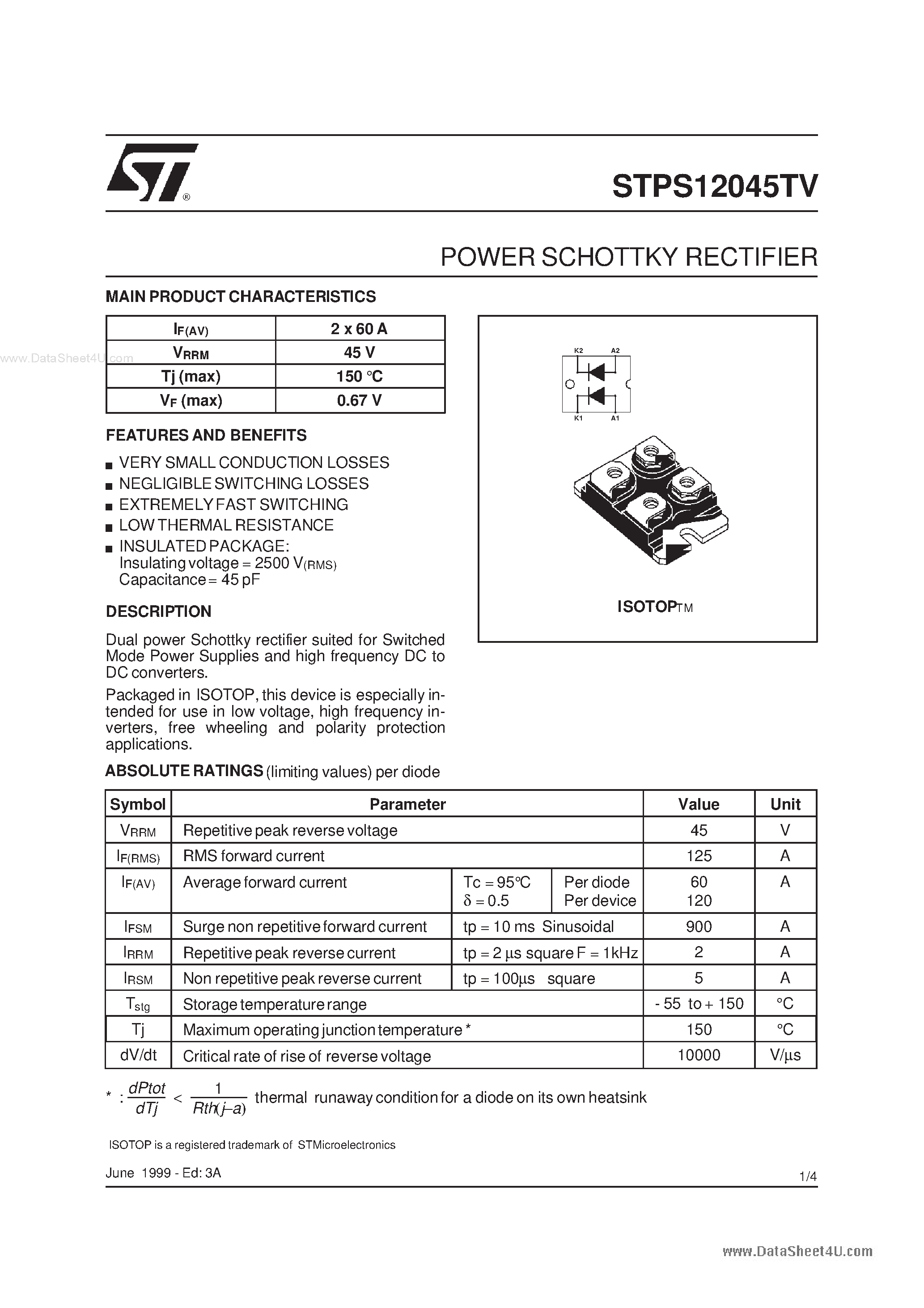 Datasheet STPS12045TV - POWER SCHOTTKY RECTIFIER page 1