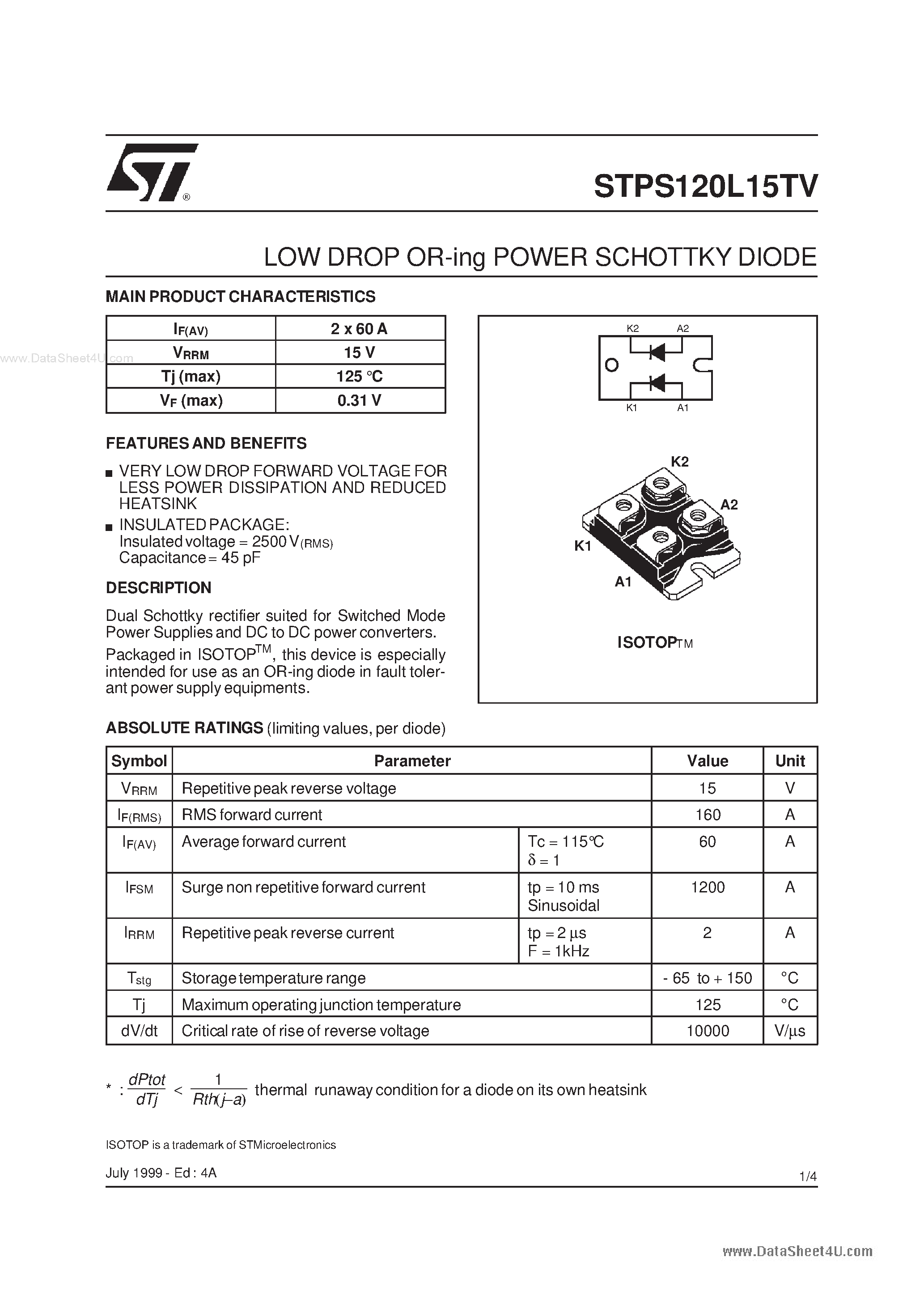 Datasheet STPS120L15TV - LOW DROP OR-ing POWER SCHOTTKY DIODE page 1