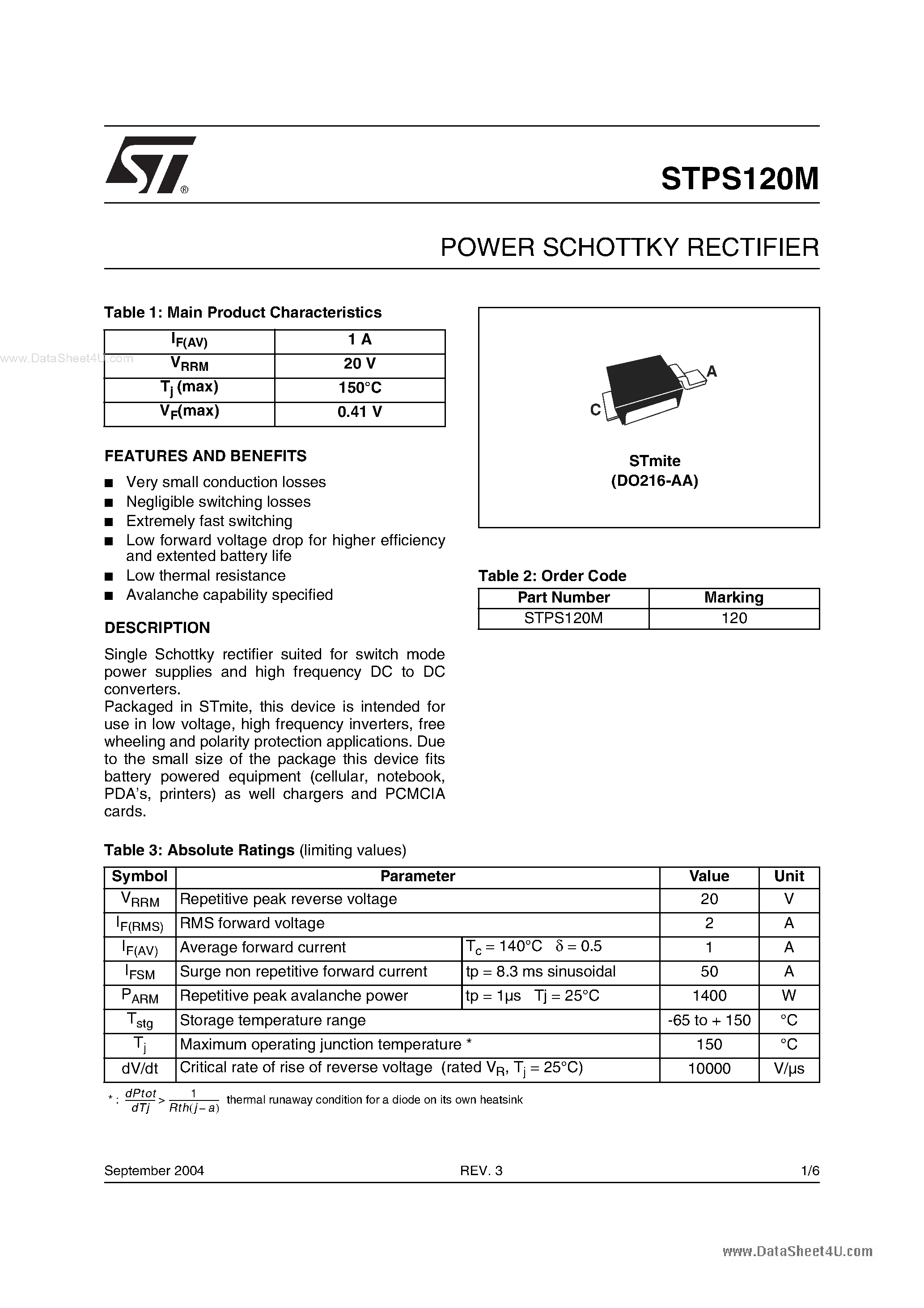 Datasheet STPS120M - POWER SCHOTTKY RECTIFIER page 1