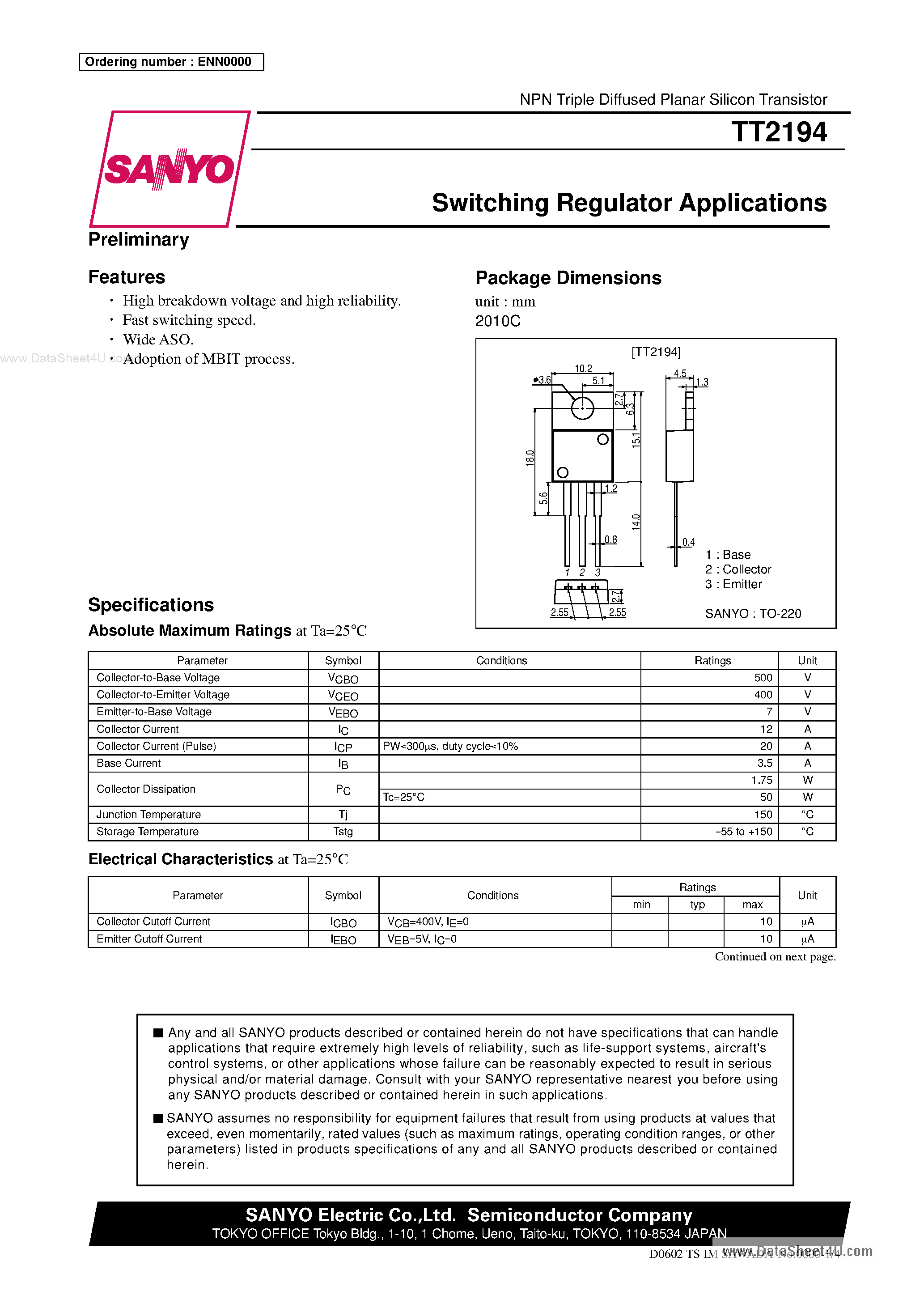 Даташит TT2194 - Switching Regulator Applications страница 1