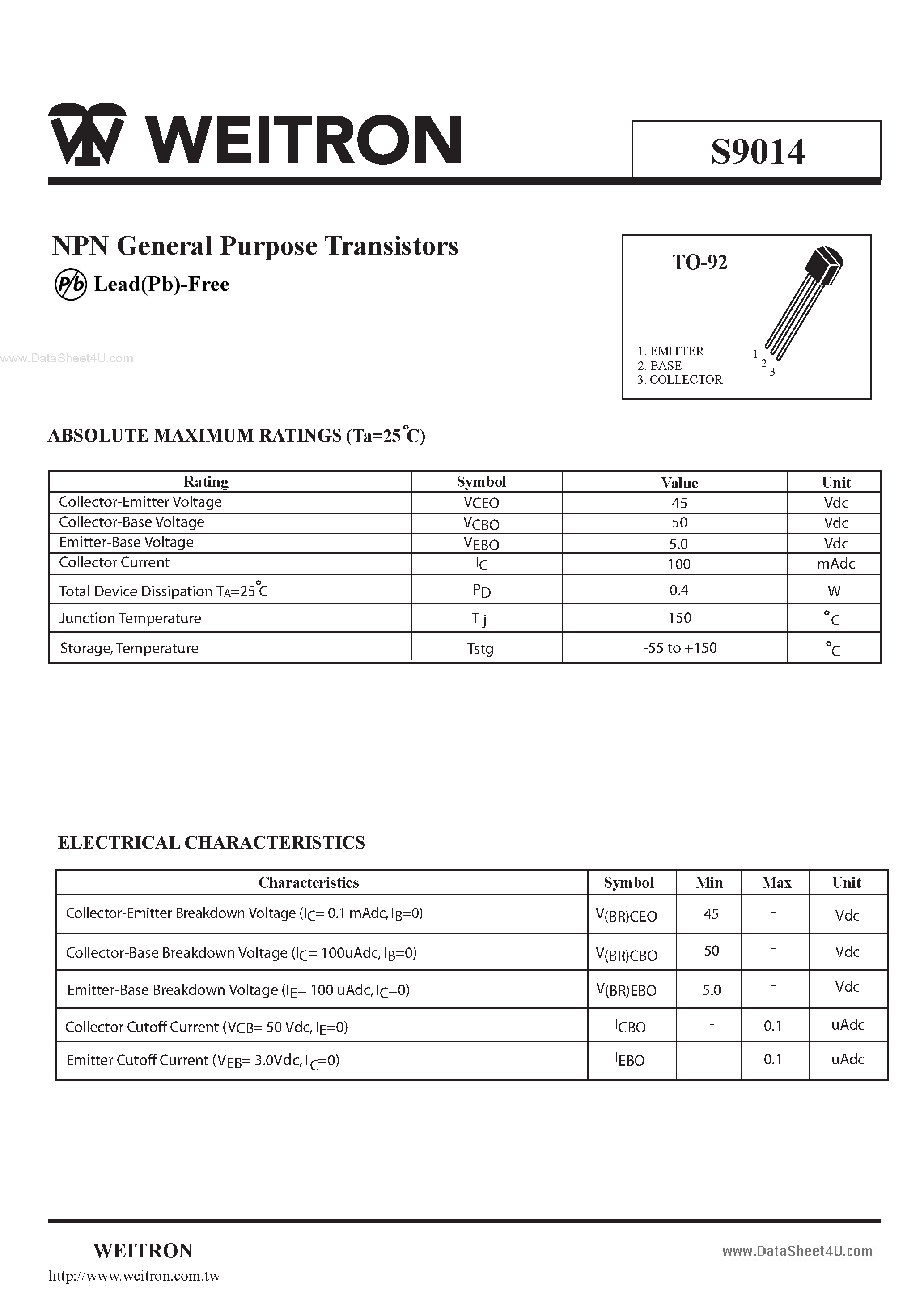 Datasheet S9014 - NPN General Purpose Transistors page 1