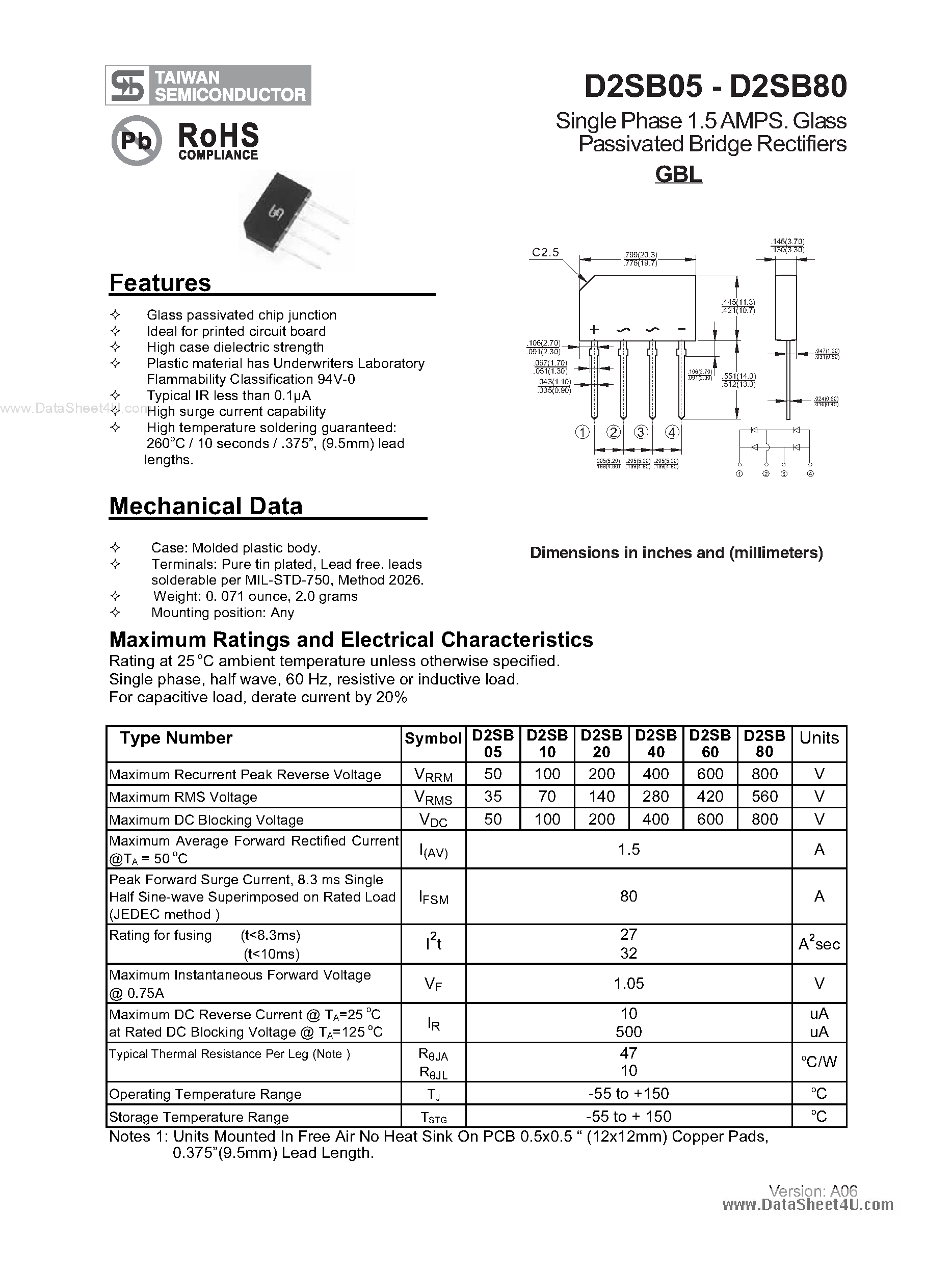 Datasheet D2SB05 page 1 Datasheet D2SB05 - (D2SB05 - D2SB80) Glass Passivated Bridge Rectifiers GBL page 1