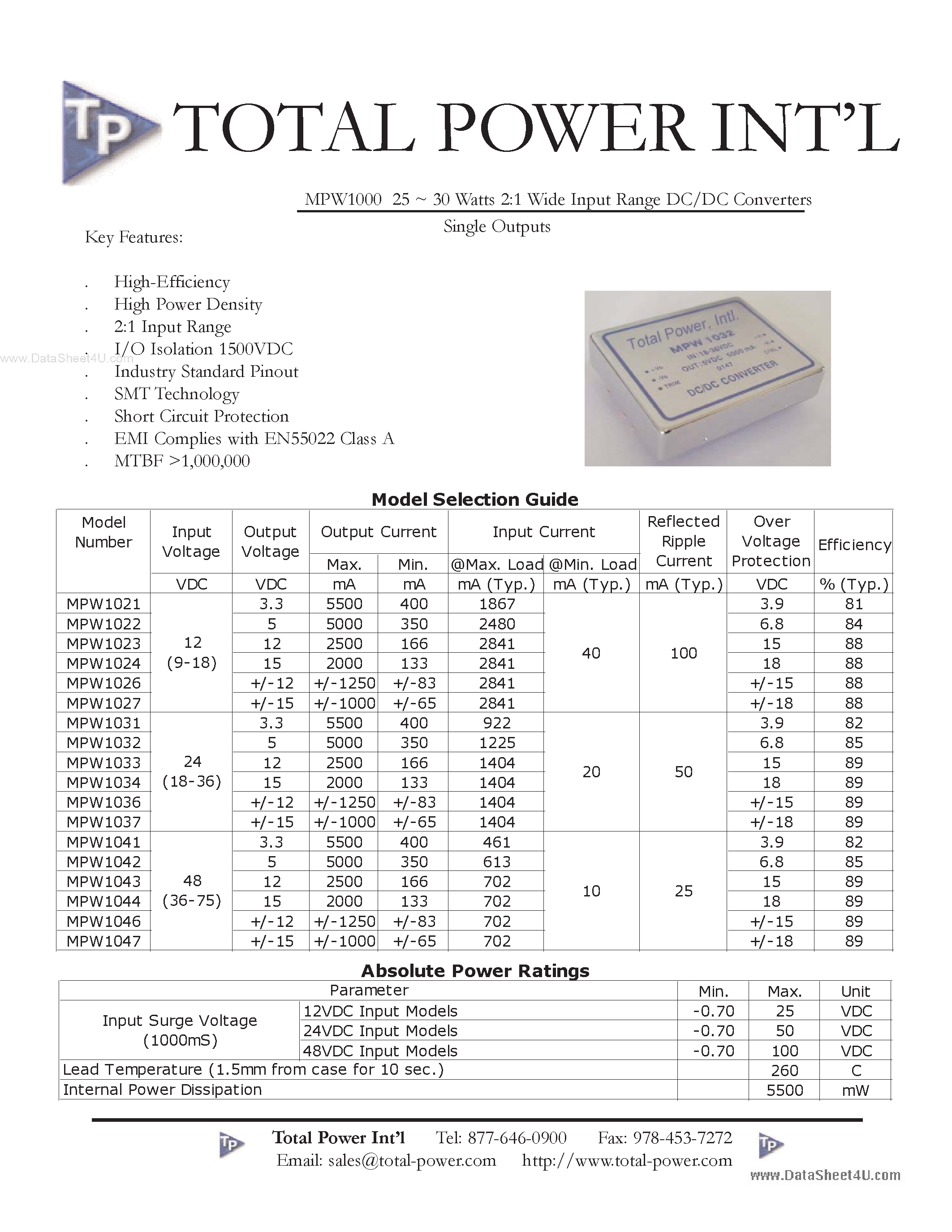 Datasheet MPW1xxx - 30 Watts 2:1 Wide Input Range DC/DC Converters Single Outputs page 1