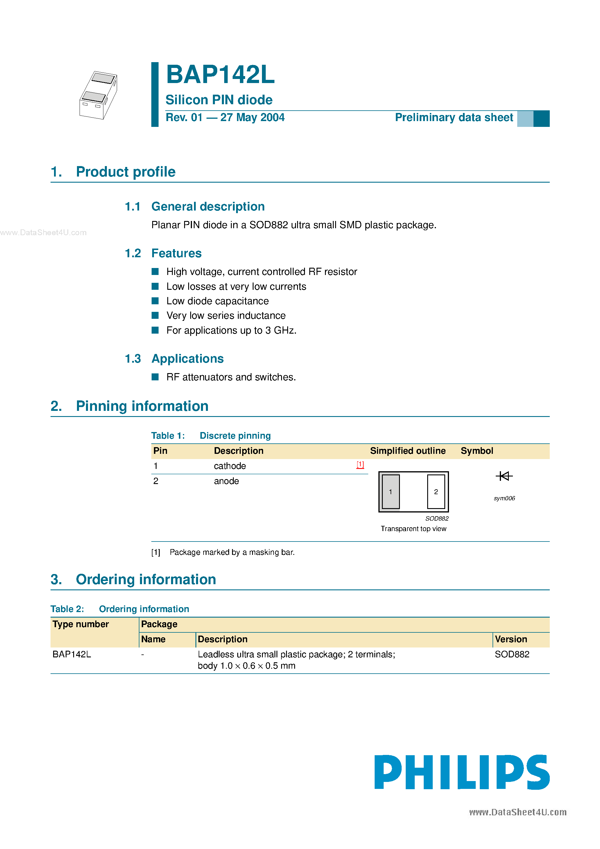Datasheet BAP142L - Silicon PIN diode page 1