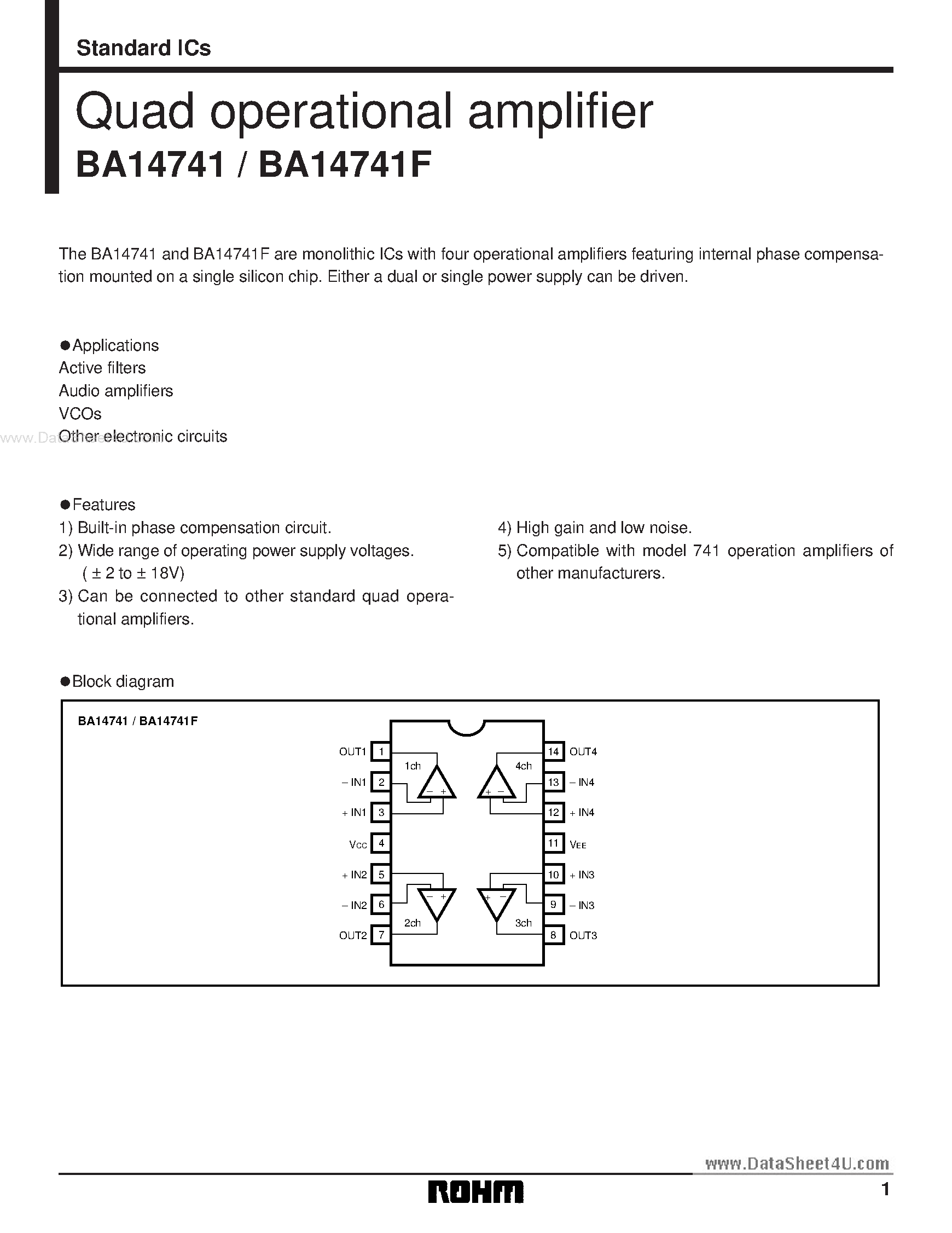 Datasheet BA14741 page 1 Datasheet BA14741 - Quad operational amplifier page 1
