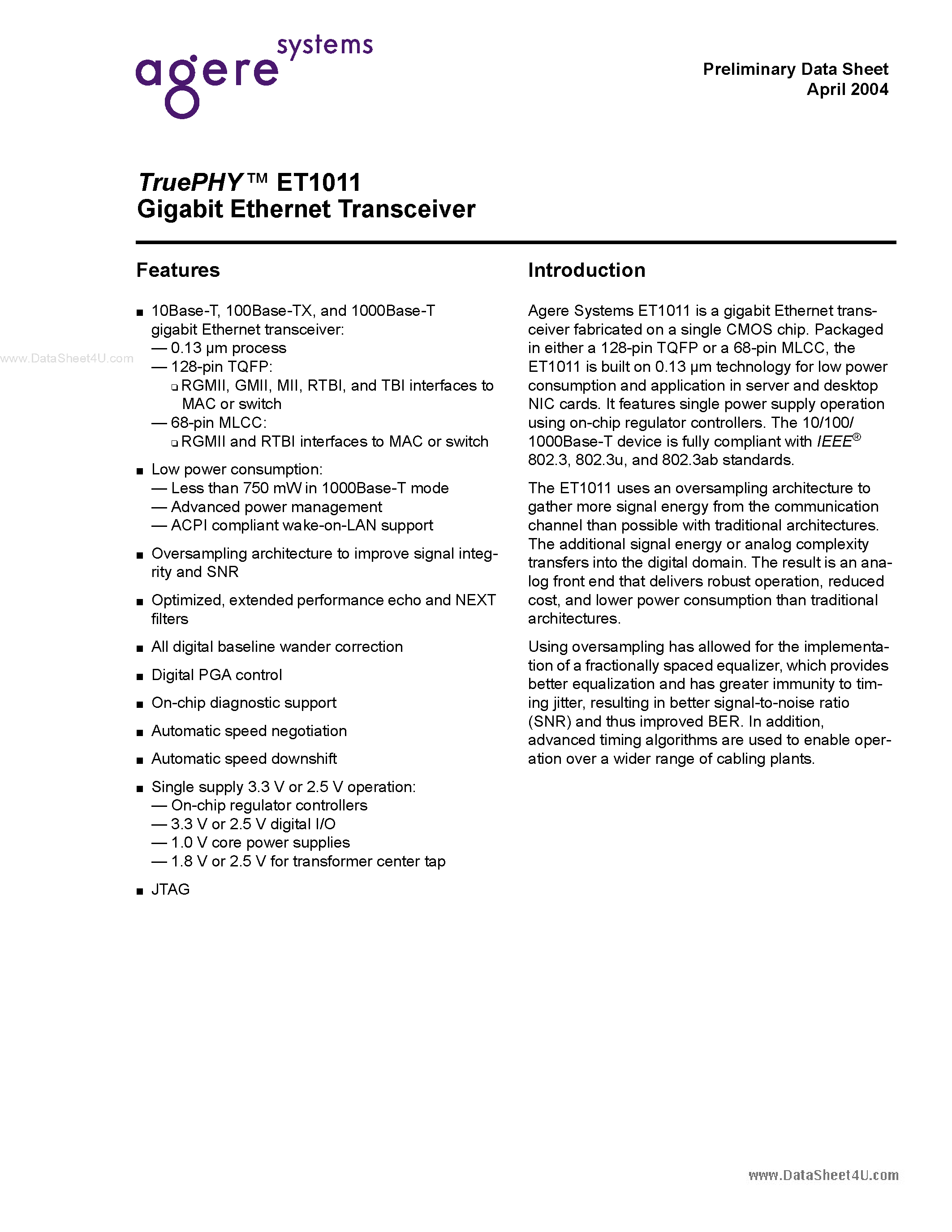 Datasheet ET1011 - A gigabit Ethemet transceiver page 1