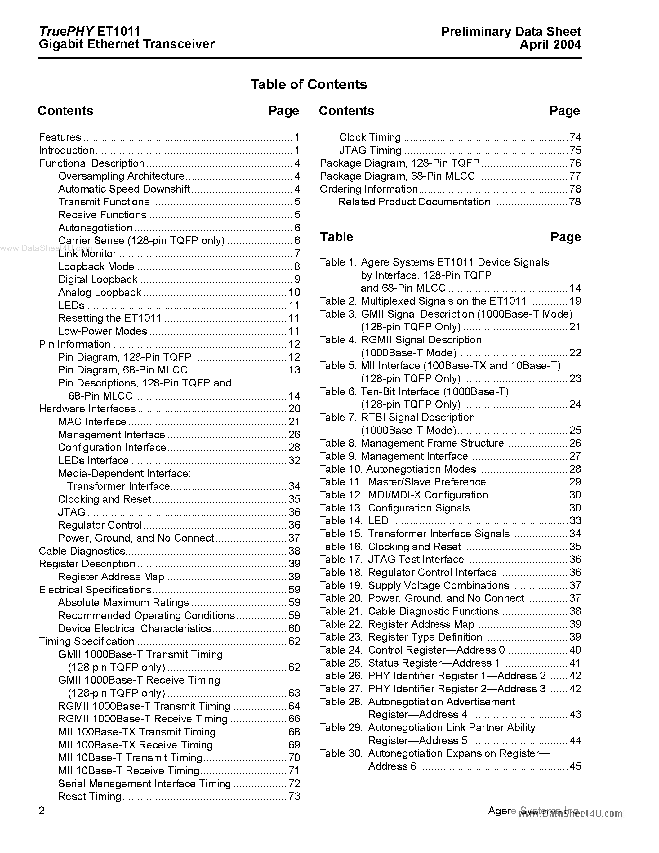 Datasheet ET1011 - A gigabit Ethemet transceiver page 2