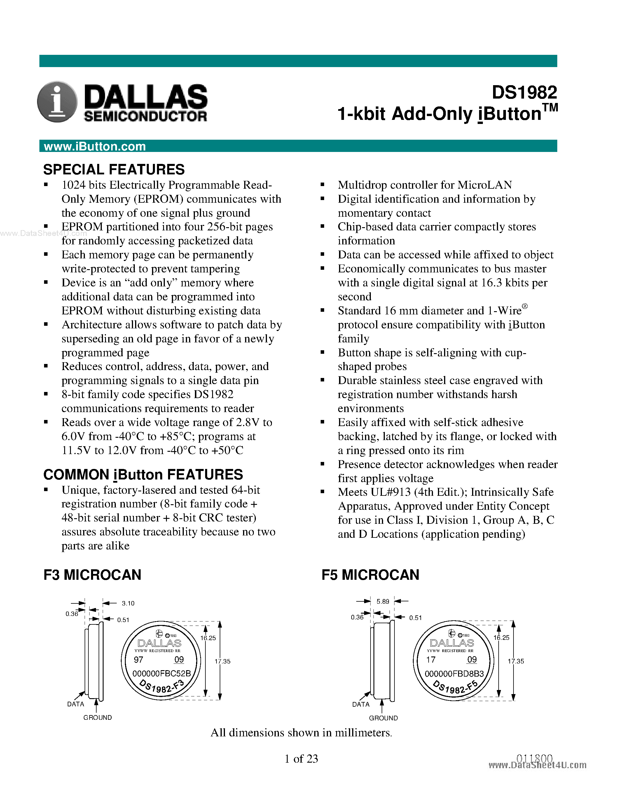 Datasheet DS1982 page 1 Datasheet DS1982 - 1-kbit Add-Only iButton page 1