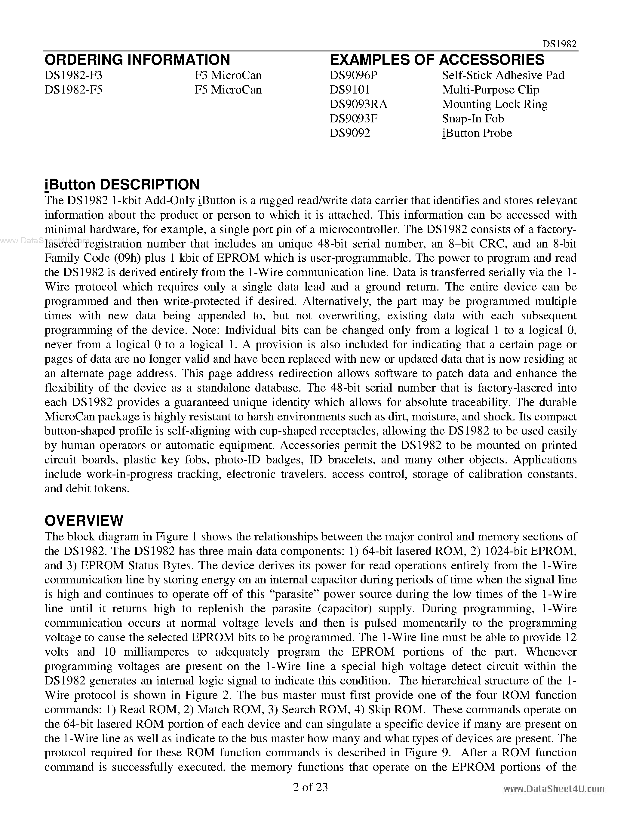 Datasheet DS1982 page 2 Datasheet DS1982 - 1-kbit Add-Only iButton page 2