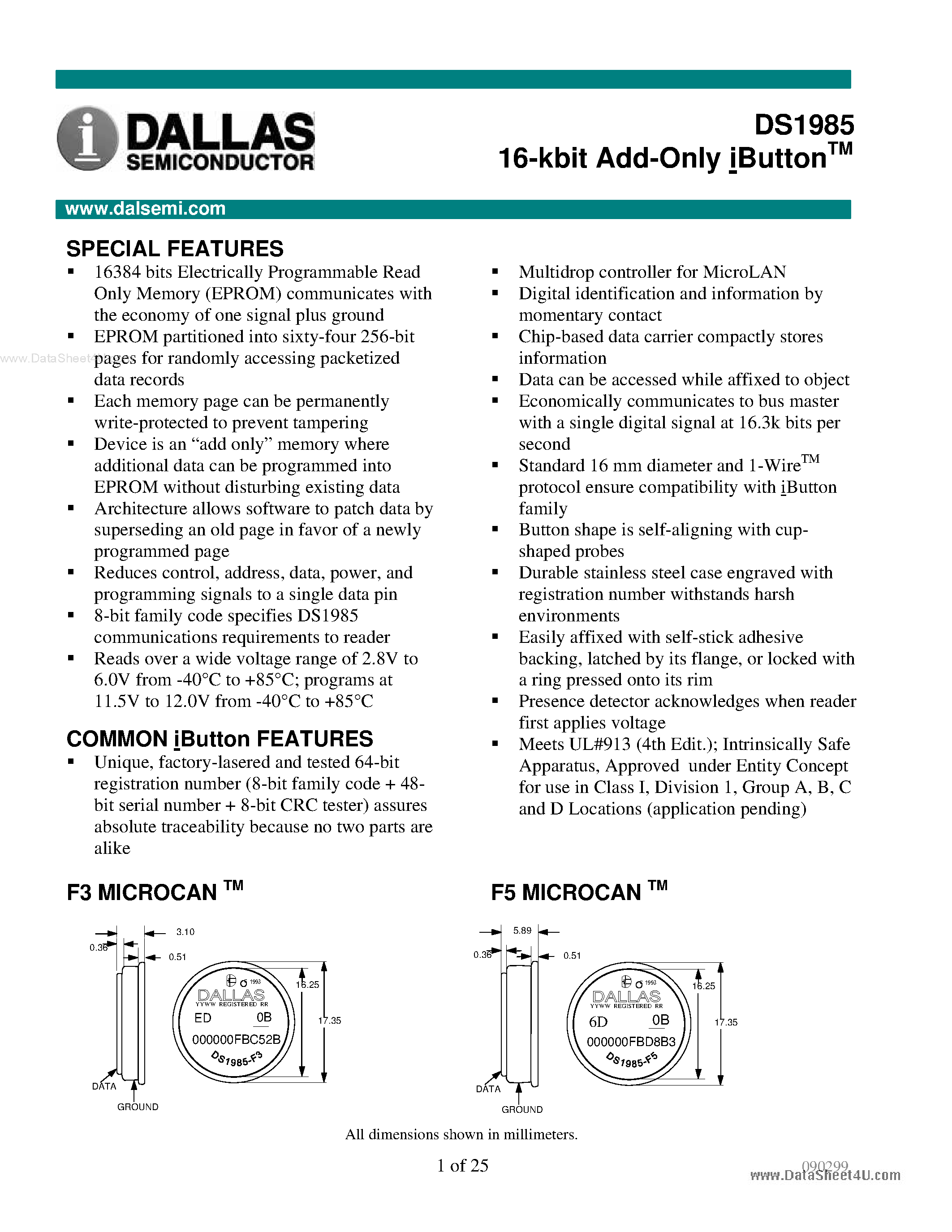 Datasheet DS1985 page 1 Datasheet DS1985 - 16-kbit Add-Only iButton page 1