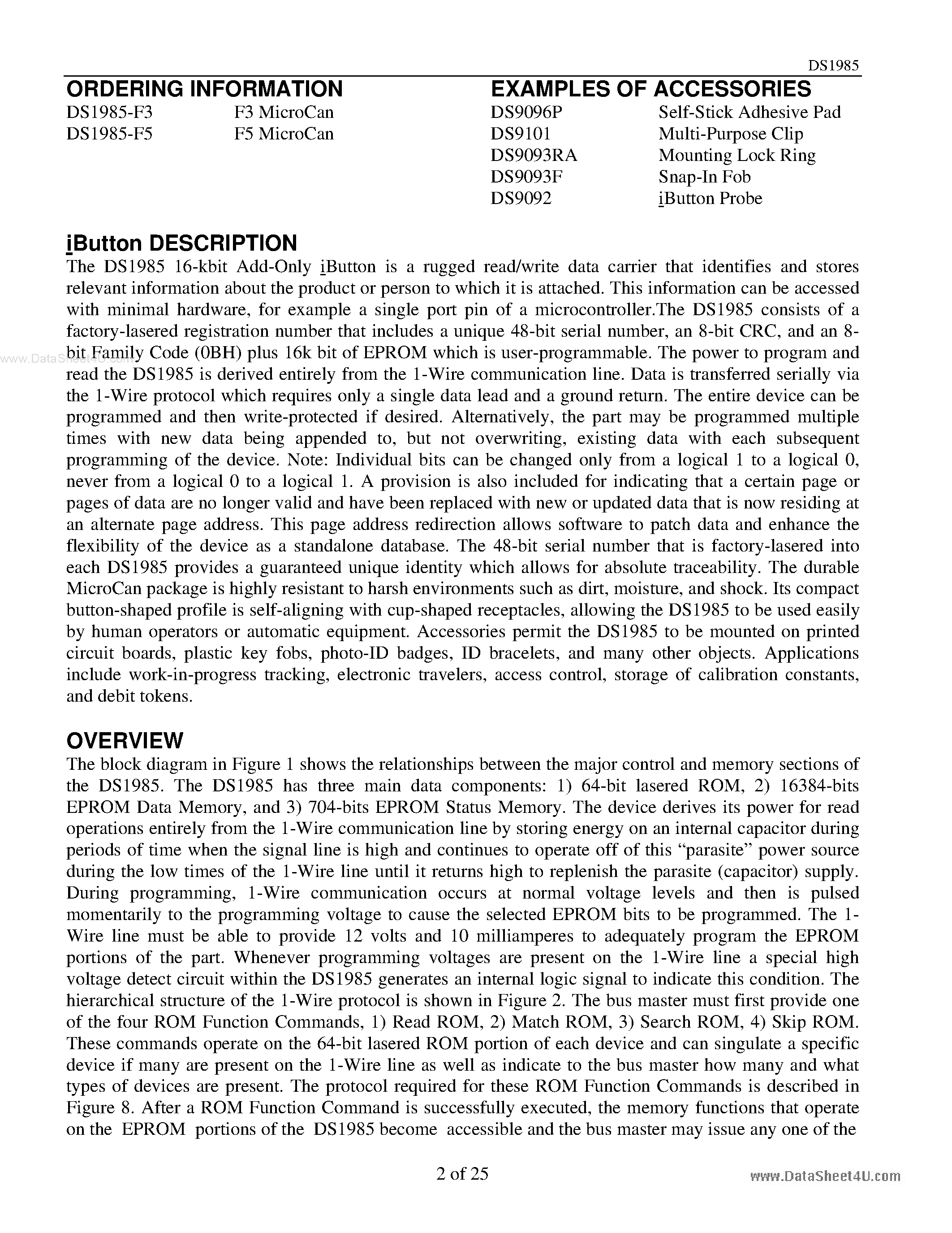Datasheet DS1985 page 2 Datasheet DS1985 - 16-kbit Add-Only iButton page 2