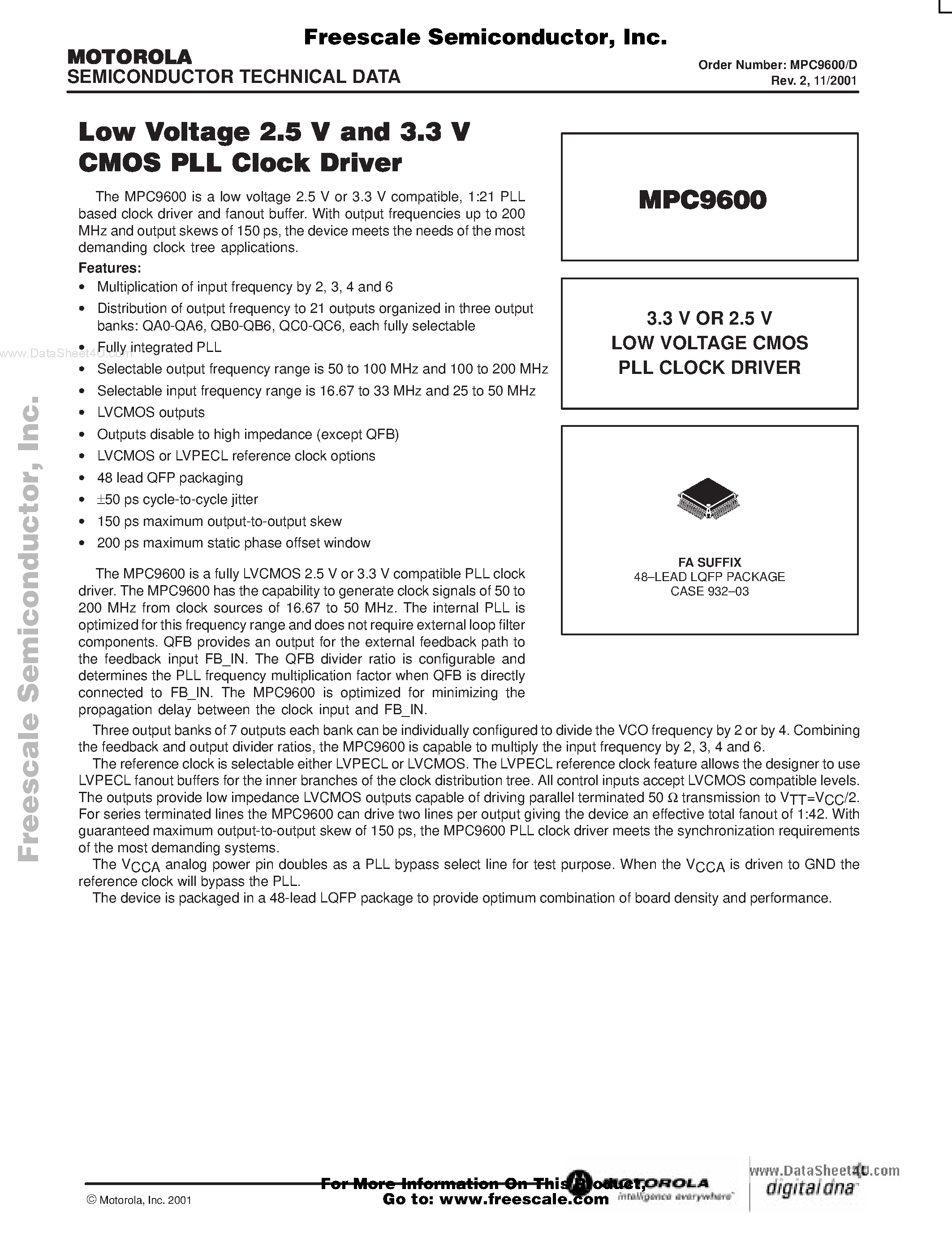 Datasheet MPC9600 - LOW VOLTAGE 2.5 V AND 3.3 V CMOS PLL CLOCK DRIVER page 1