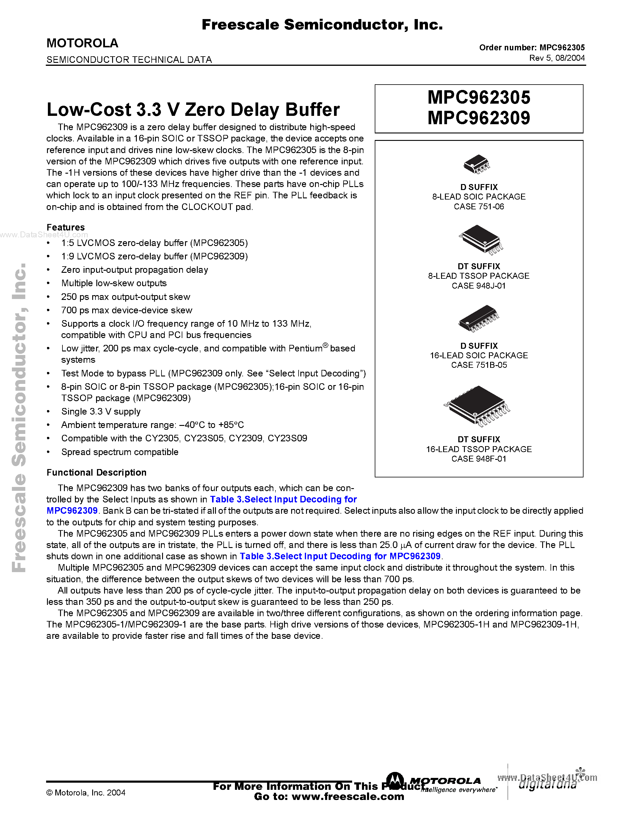 Datasheet MPC962305 - (MPC962305 / MPC962309) Low-Cost 3.3 V Zero Delay Buffer page 1