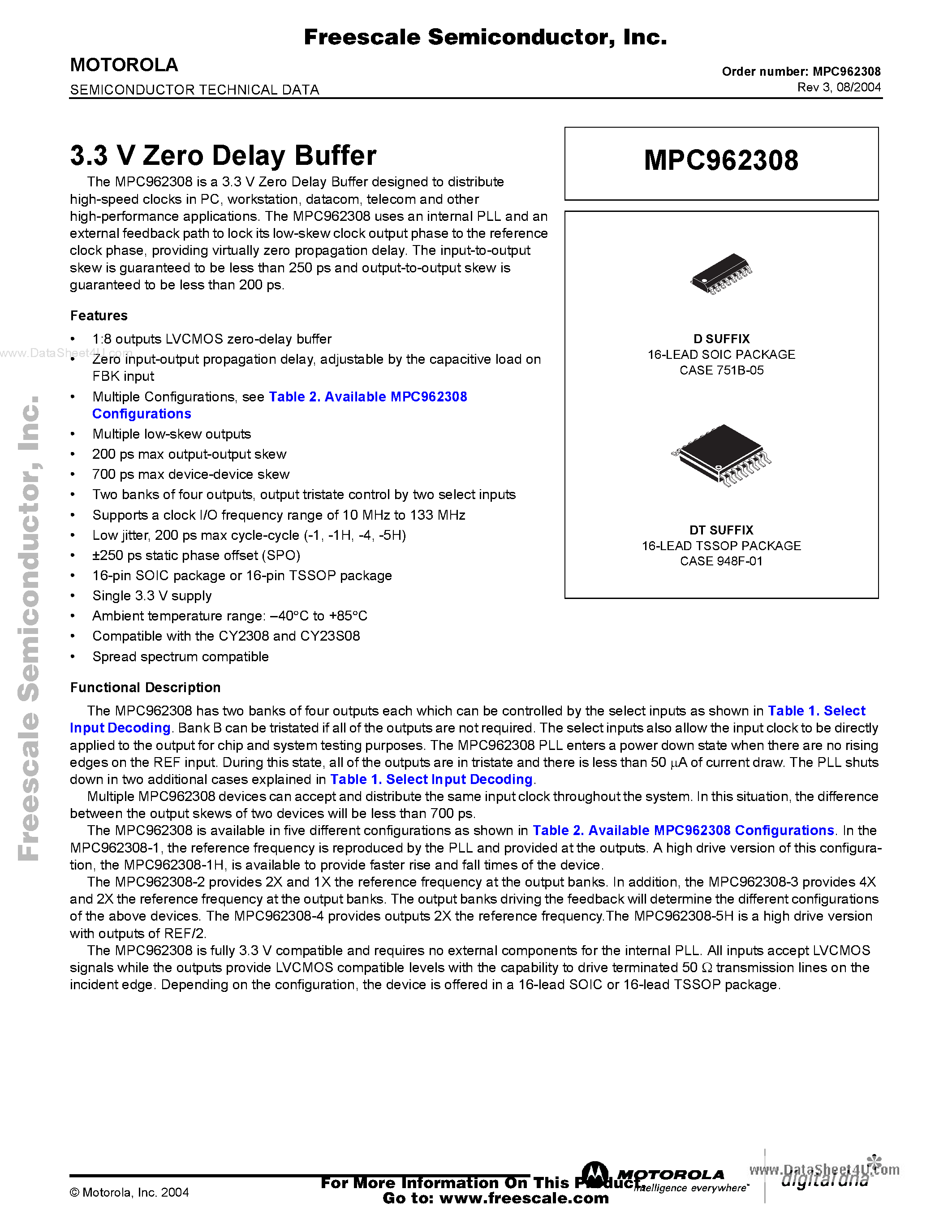 Даташит на микросхему MPC962308 страница 1 Даташит MPC962308 - 3.3 V Zero Delay Buffer страница 1