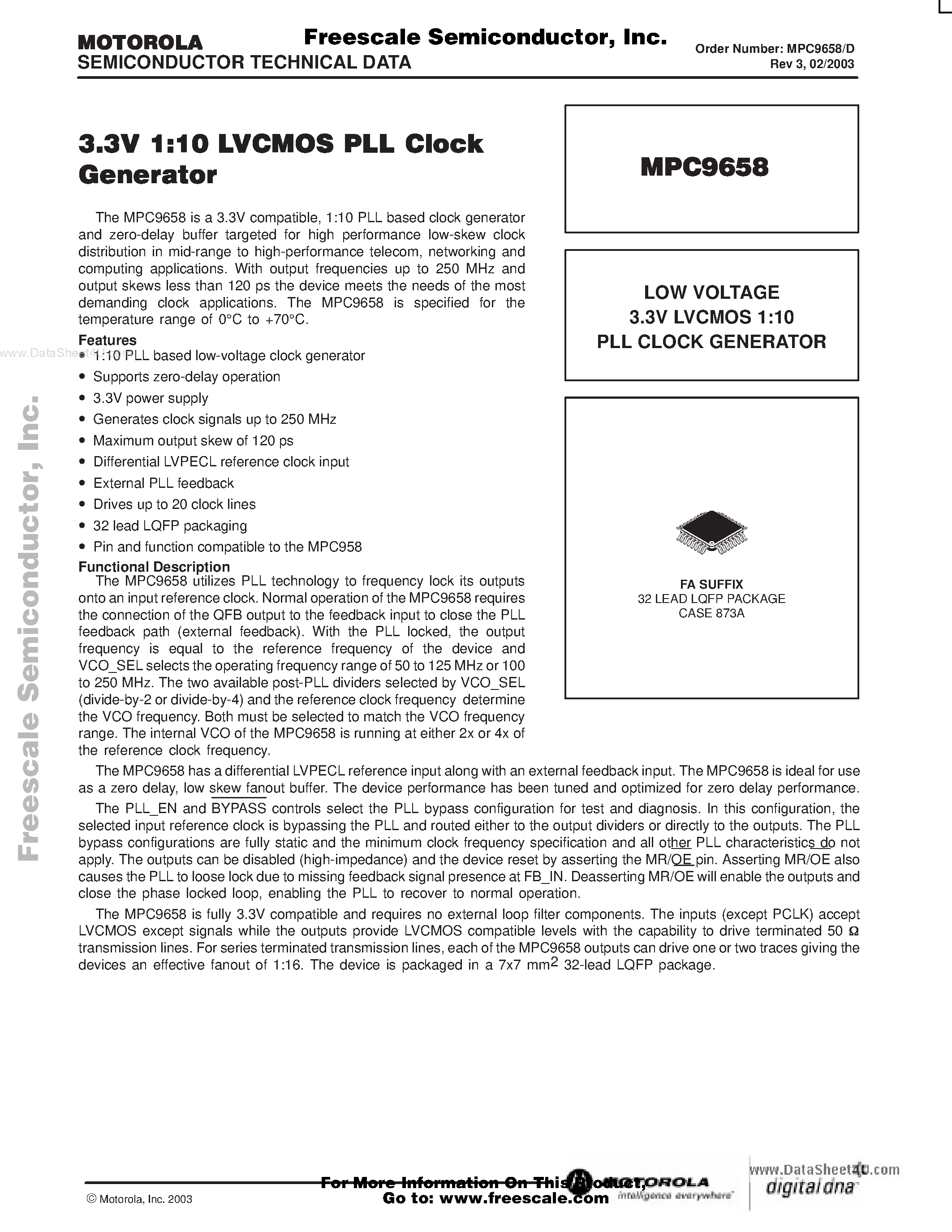 Datasheet MPC9658 - 3.3V 1:10 LVCMOS PLL Clock Generator page 1