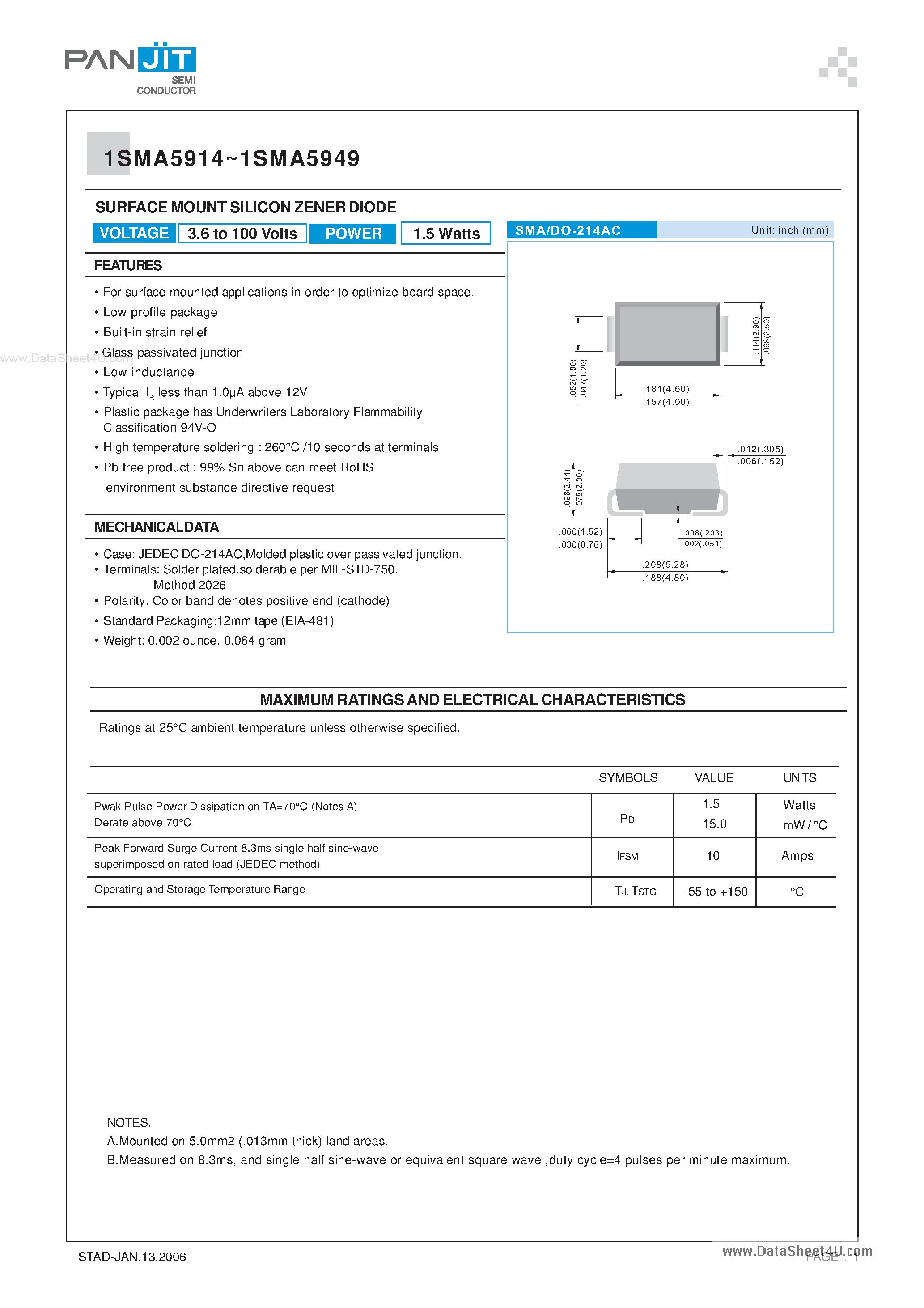 Datasheet 1SMA591x page 1 Datasheet 1SMA591x - (1SMA5914 - 1SMA5949) SURFACE MOUNT SILICON ZENER DIODE page 1