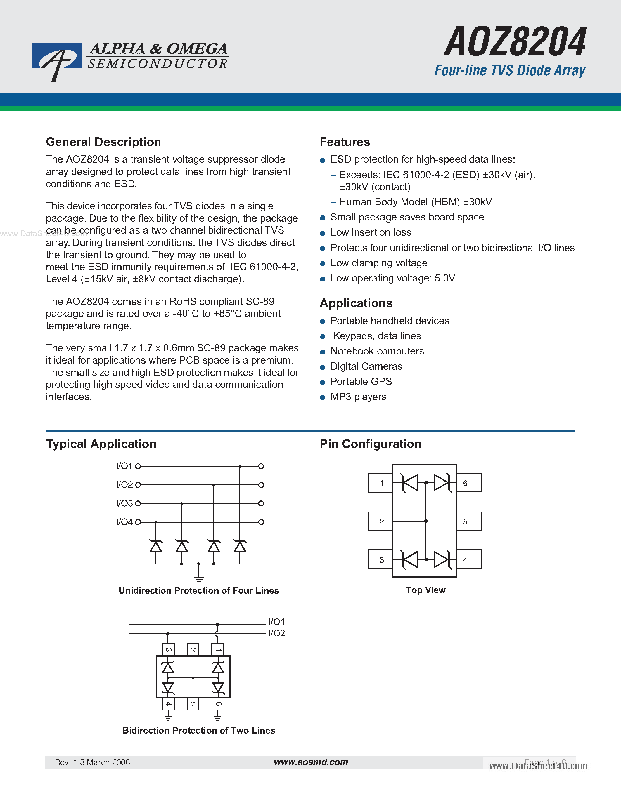 Datasheet AOZ8204 page 1 Datasheet AOZ8204 - Four-line TVS Diode Array page 1