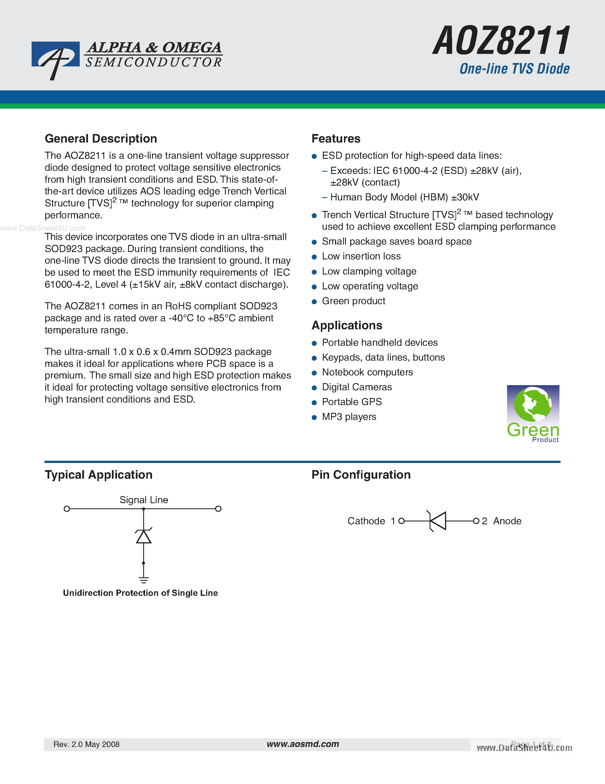 Datasheet AOZ8211 page 1 Datasheet AOZ8211 - One-line TVS Diode page 1
