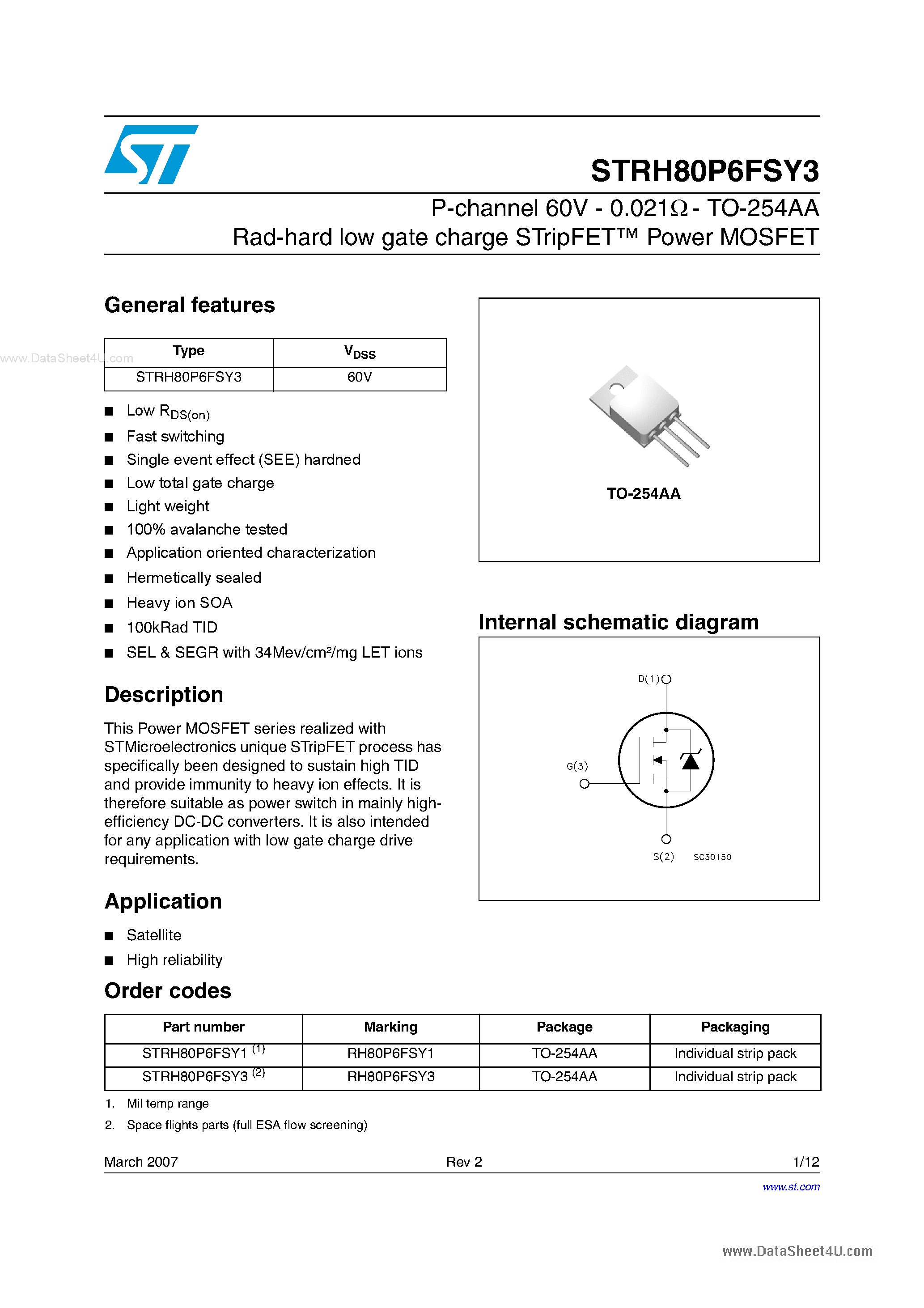 Datasheet STRH80P6FSY3 - P-channel 60V - 0.021 Ohm - TO-254AA Rad-hard low gate charge STripFET page 1