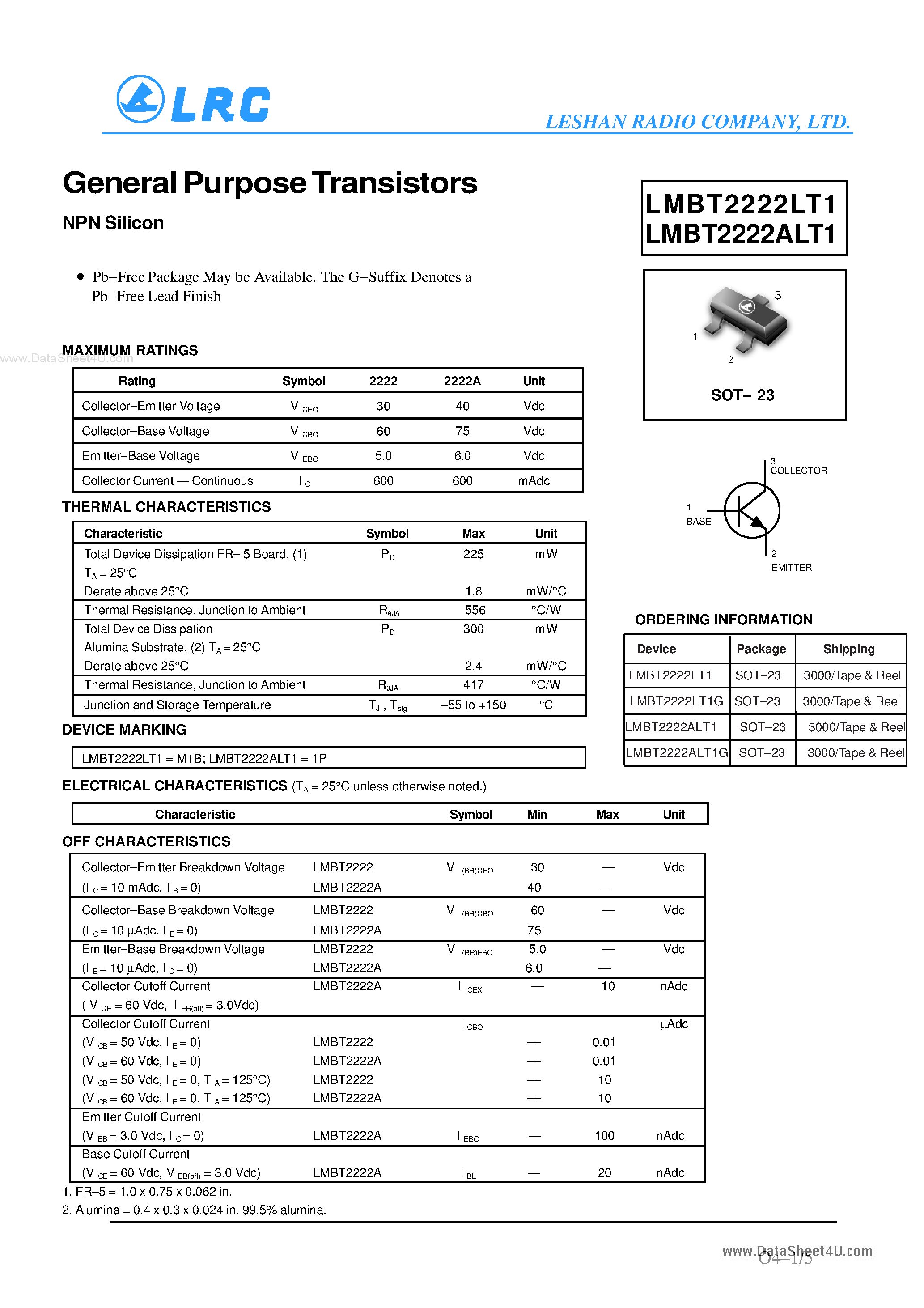 Даташит на микросхему LMBT2222ALT1 страница 1 Даташит LMBT2222ALT1 - General Purpose Transistors страница 1