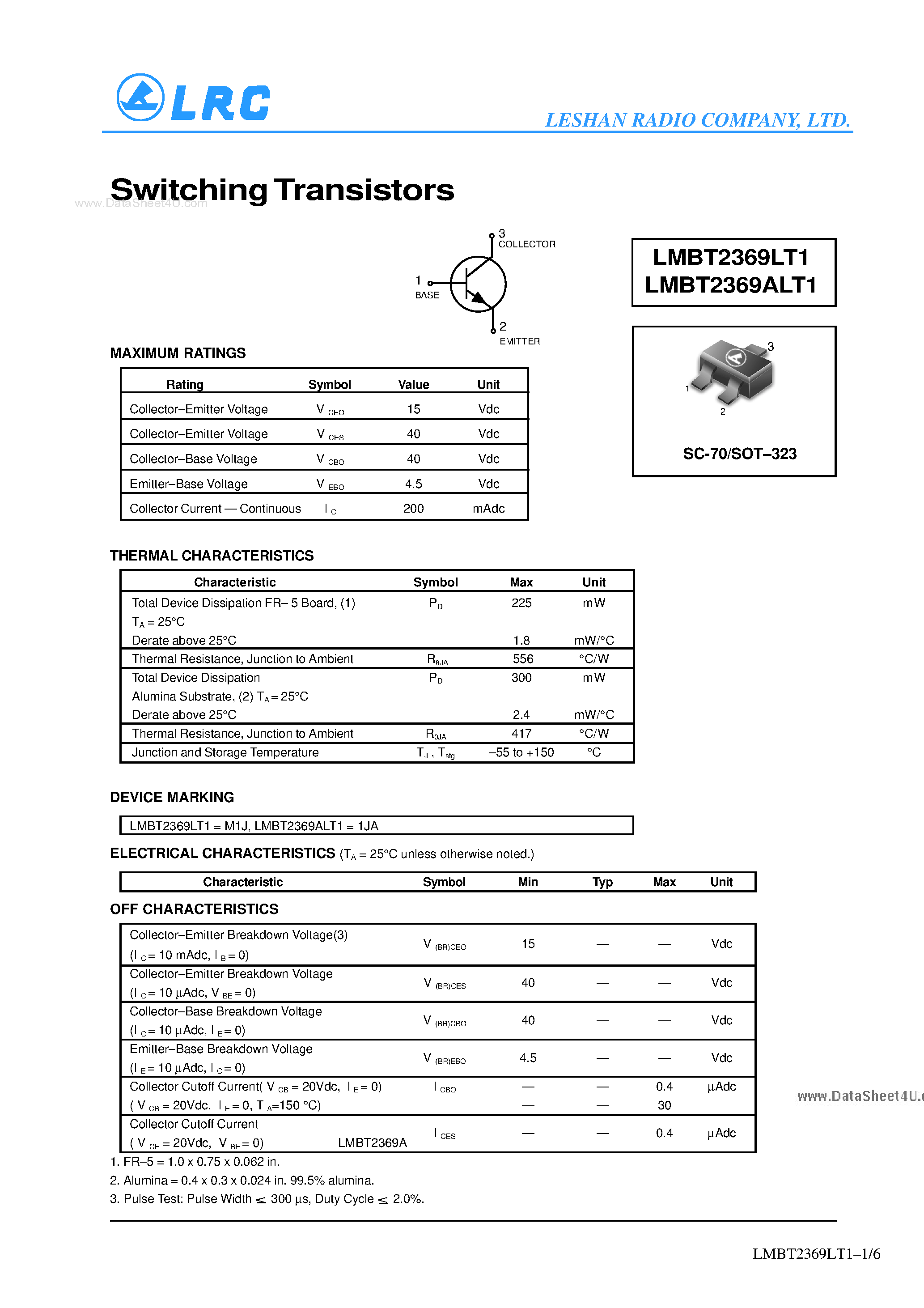 Даташит на микросхему LMBT2369ALT1 страница 1 Даташит LMBT2369ALT1 - Switching Transistors страница 1
