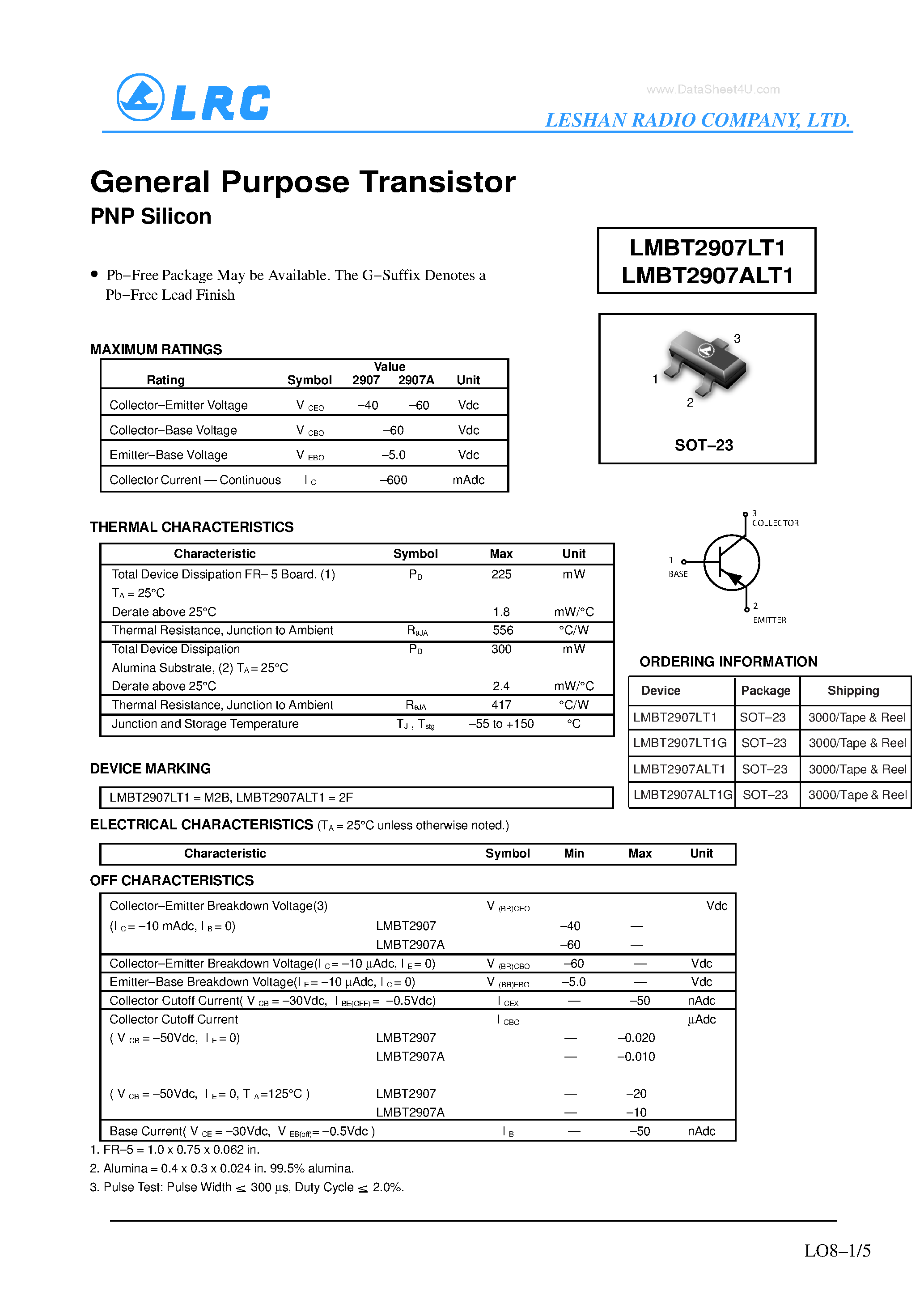 Даташит на микросхему LMBT2907ALT1 страница 1 Даташит LMBT2907ALT1 - Transistors страница 1