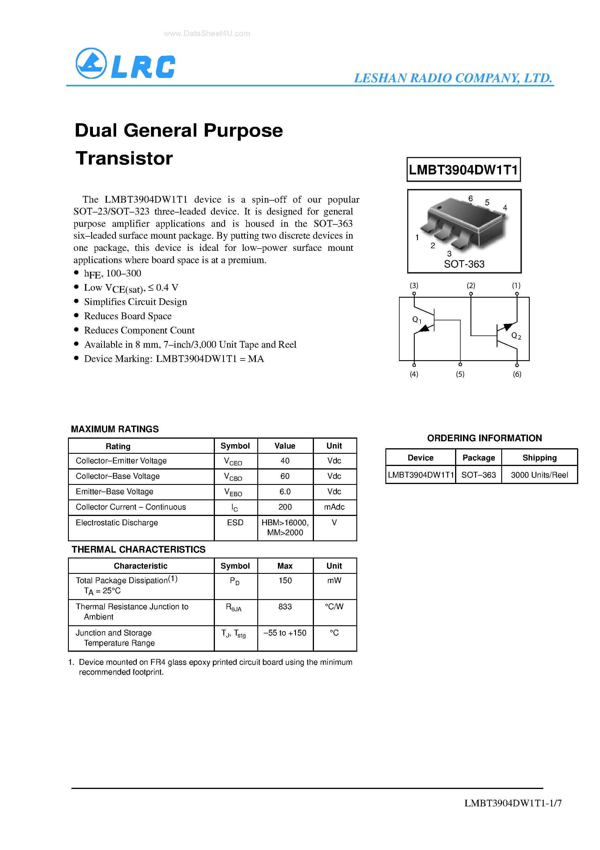 Даташит на микросхему LMBT3904DW1T1 страница 1 Даташит LMBT3904DW1T1 - Dual Transistors страница 1