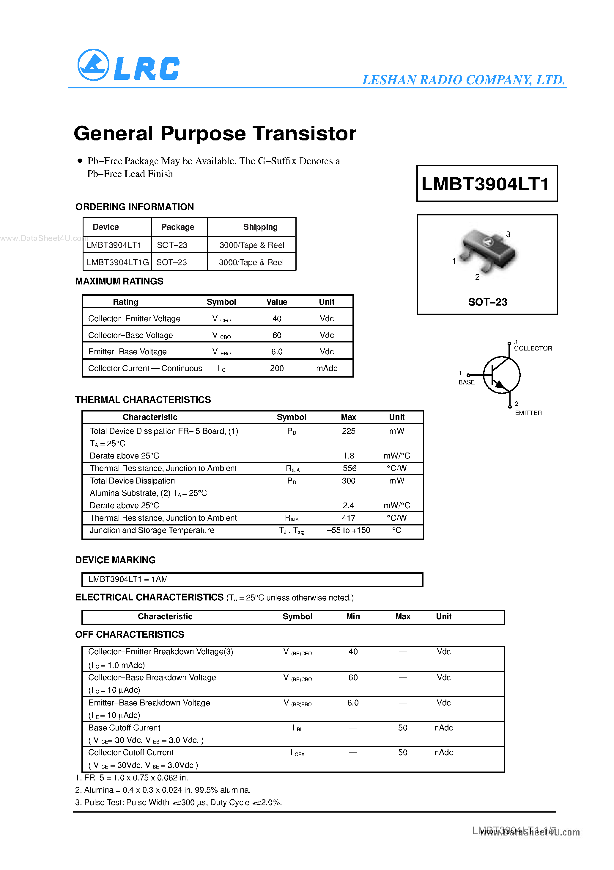 Даташит LMBT3904LT1 - Transistors страница 1