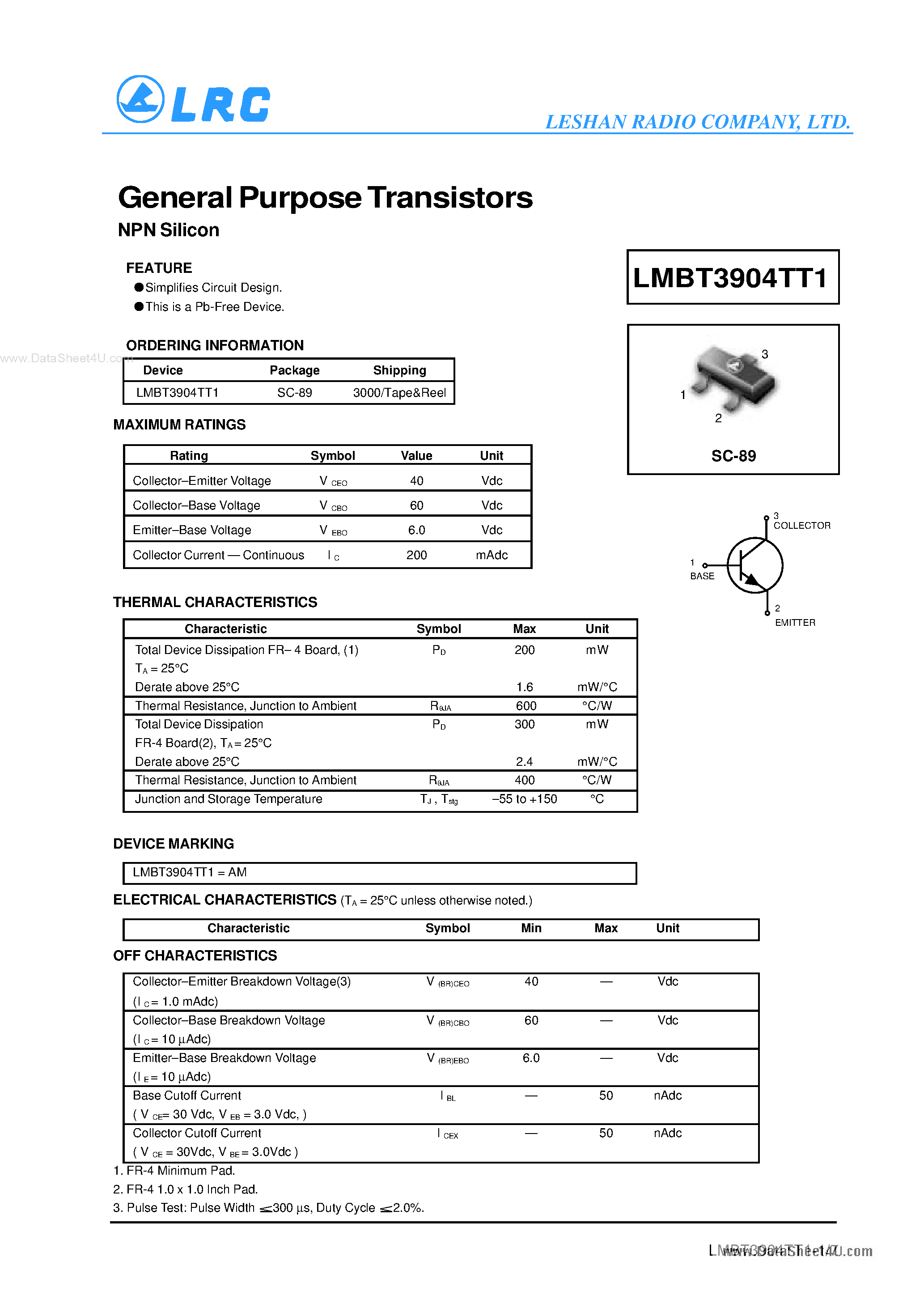 Даташит LMBT3904TT1 - Transistors страница 1