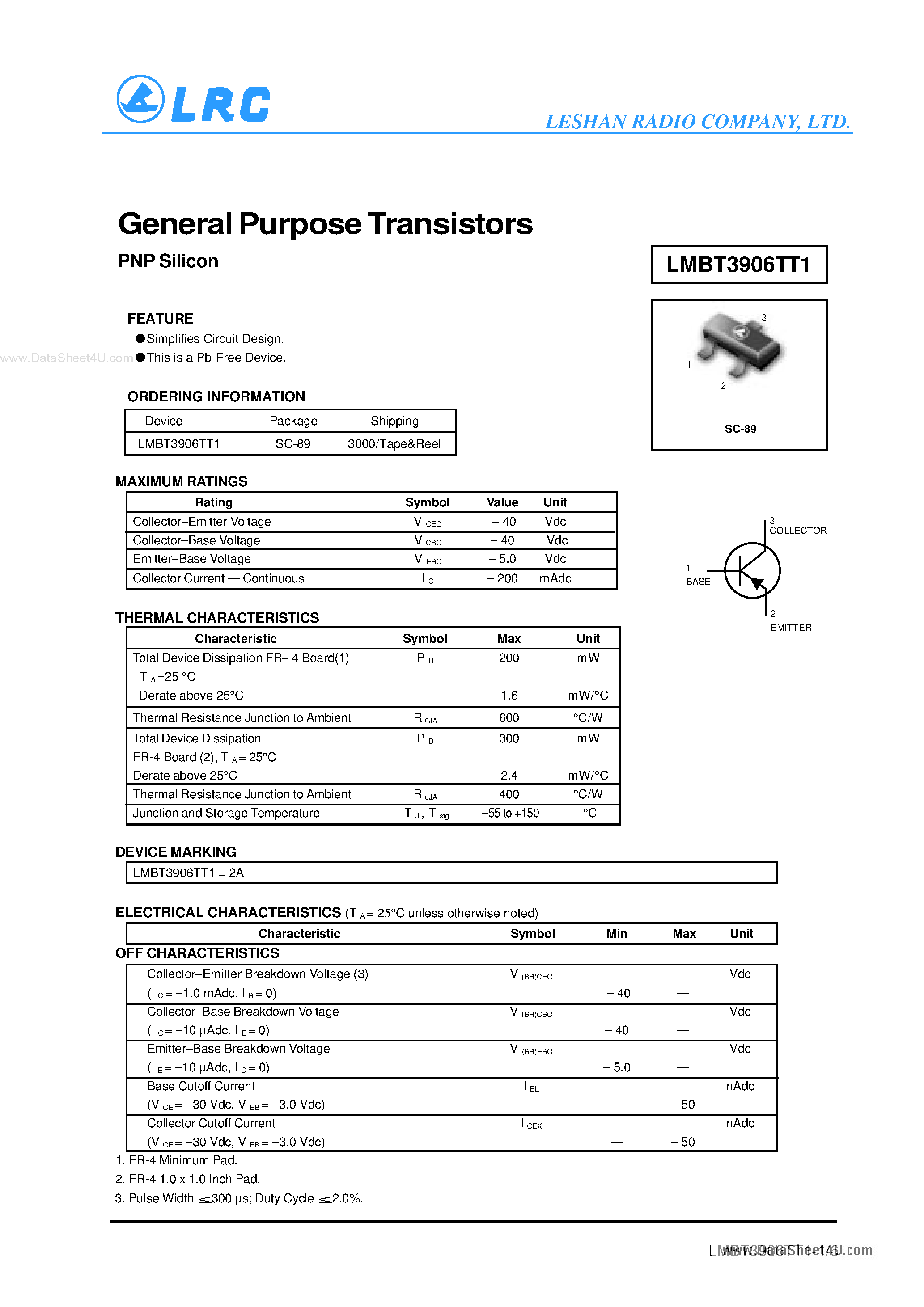 Даташит LMBT3906TT1 - Transistors страница 1