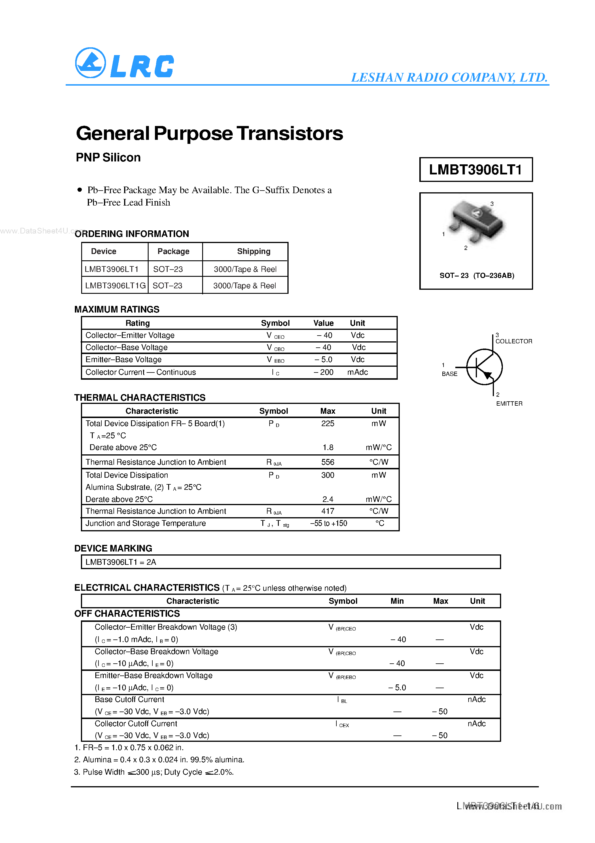 Даташит LMBT3906LT1 - Transistors страница 1
