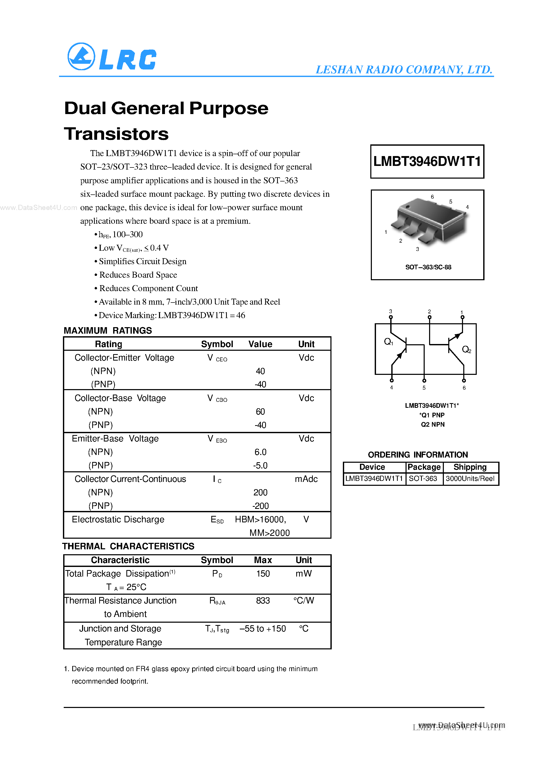 Даташит на микросхему LMBT3946DW1T1 страница 1 Даташит LMBT3946DW1T1 - Transistors страница 1