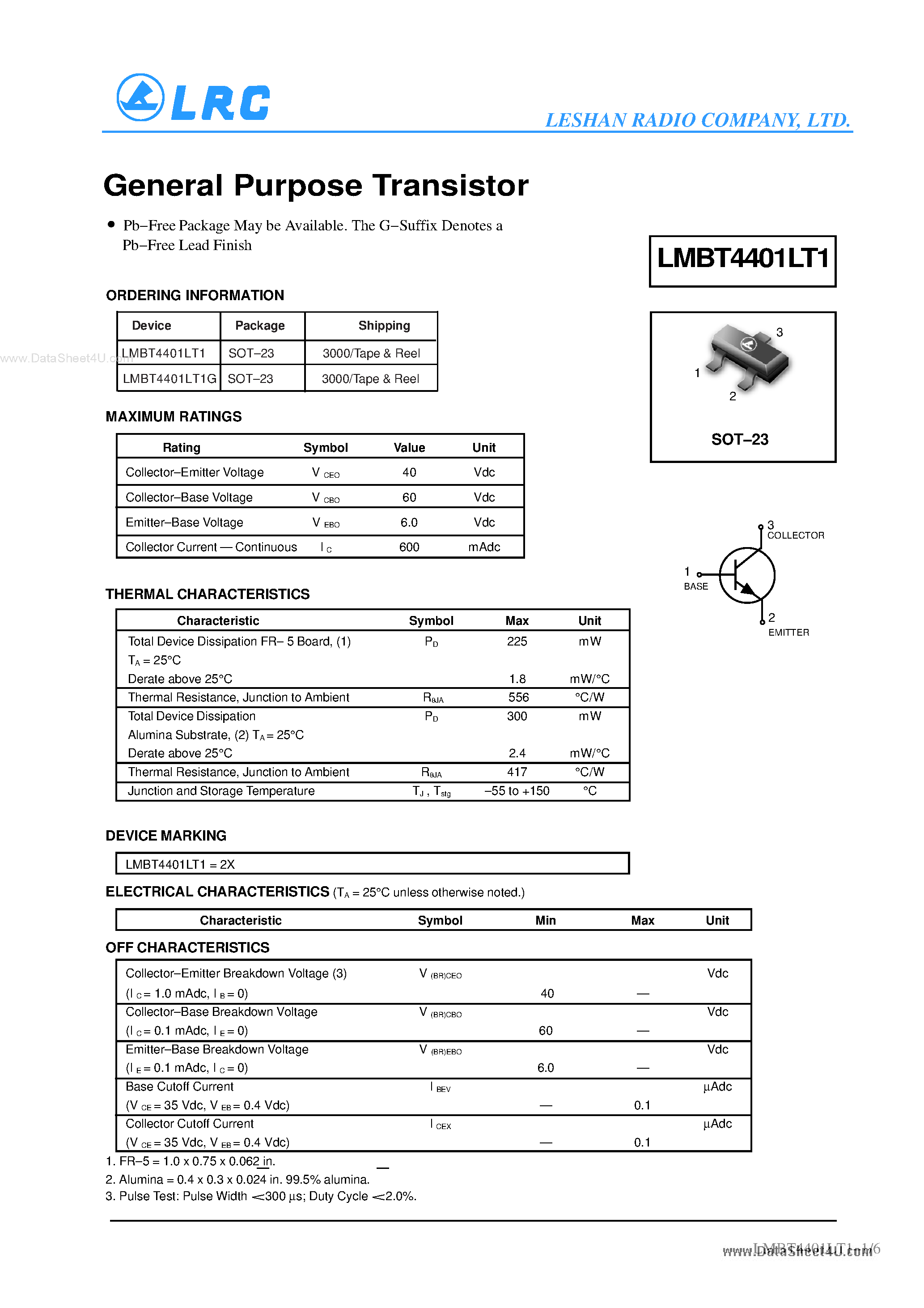 Даташит LMBT4401LT1 - Transistors страница 1