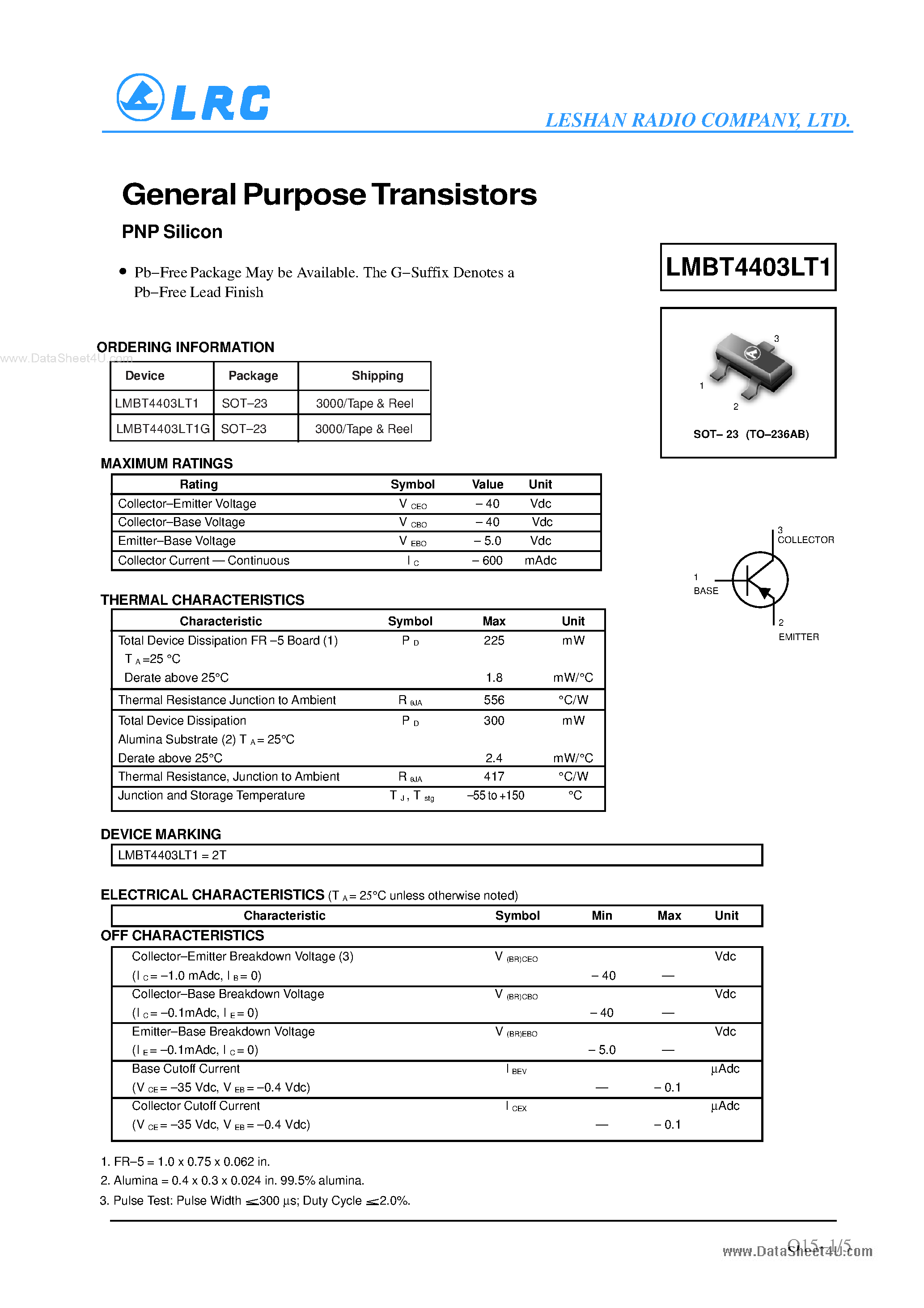 Даташит LMBT4403LT1 - Transistors страница 1