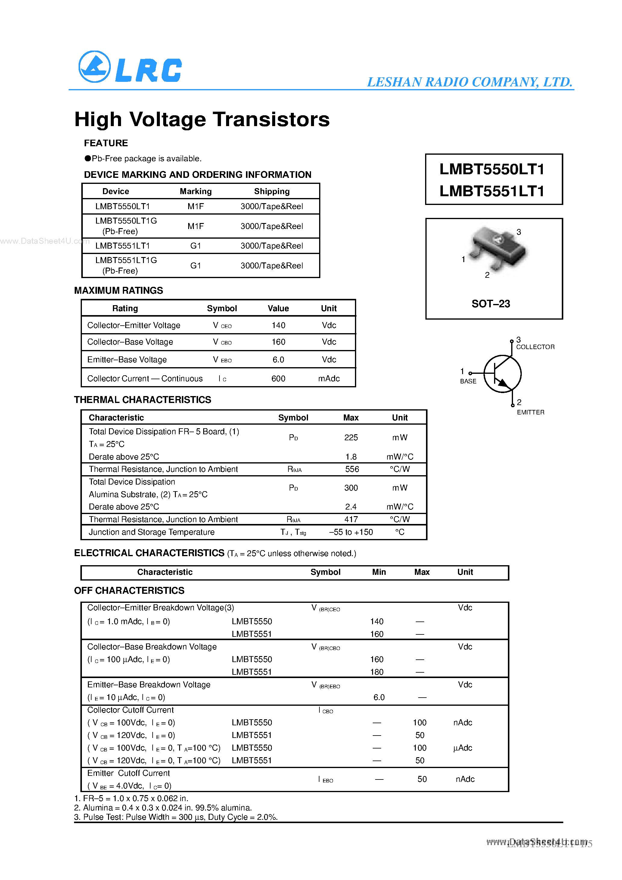 Даташит на микросхему LMBT5550LT1 страница 1 Даташит LMBT5550LT1 - (LMBT5550LT1 / LMBT5551LT1) Transistors страница 1