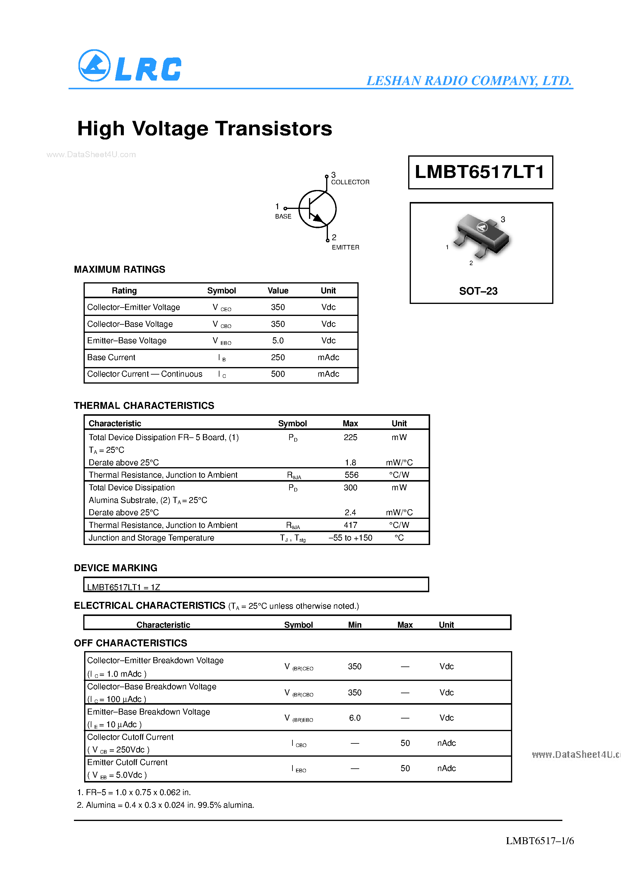 Даташит LMBT6517LT1 - Transistors страница 1