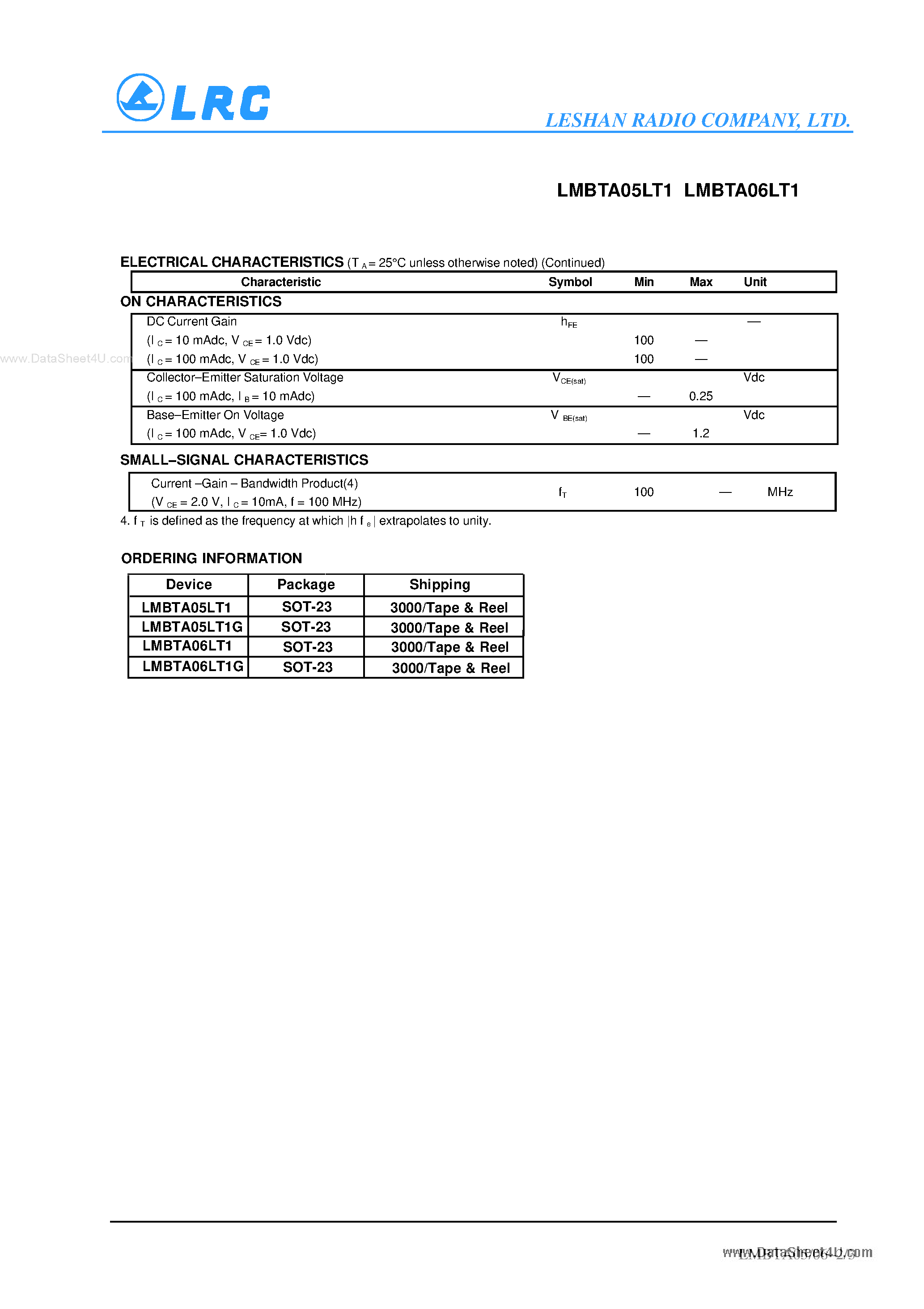 Даташит на микросхему LMBTA05LT1 страница 2 Даташит LMBTA05LT1 - (LMBTA05LT1 / LMBTA06LT1) Transistors страница 2