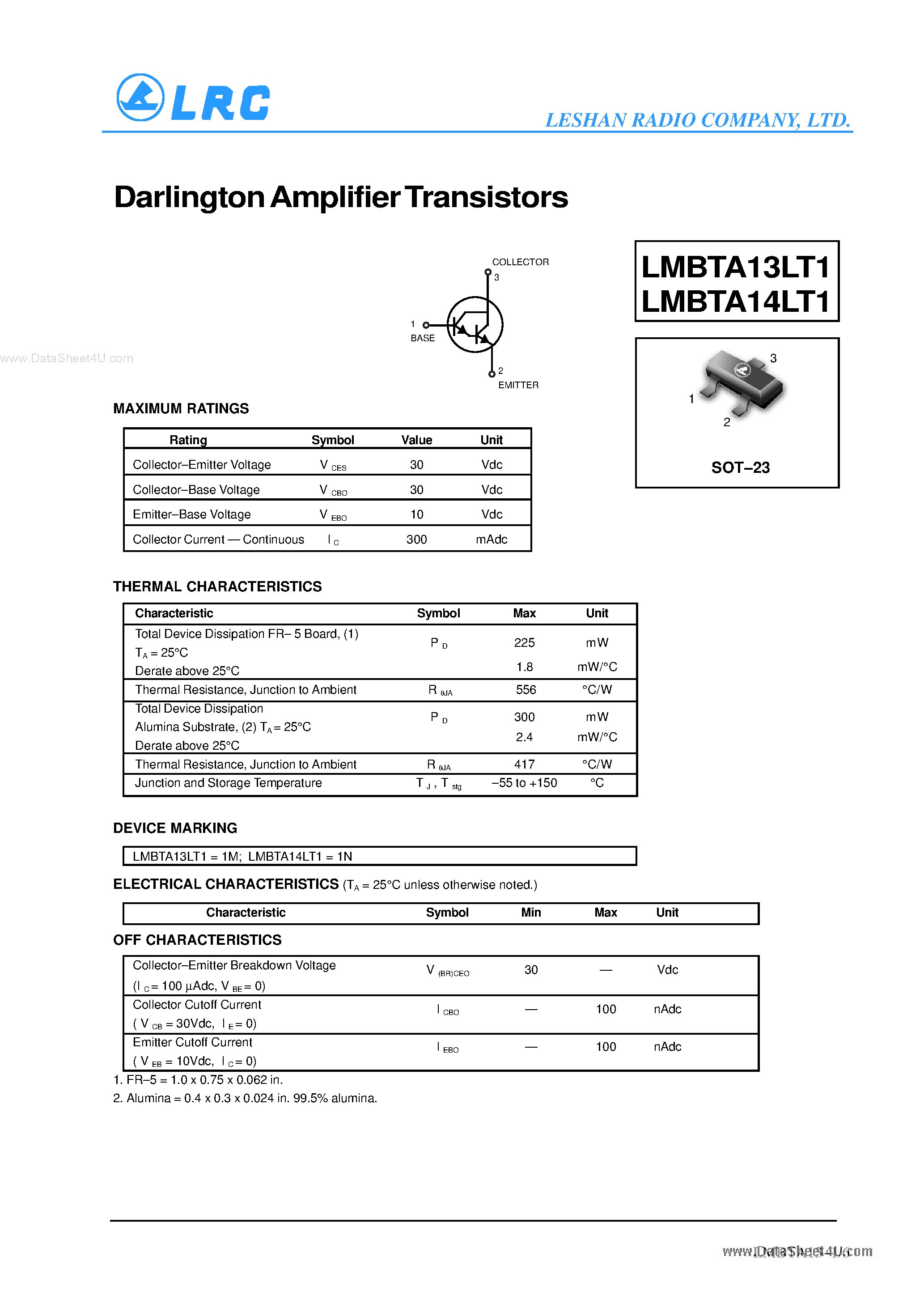 Даташит LMBTA13LT1 - (LMBTA13LT1 / LMBTA14LT1) Transistors страница 1