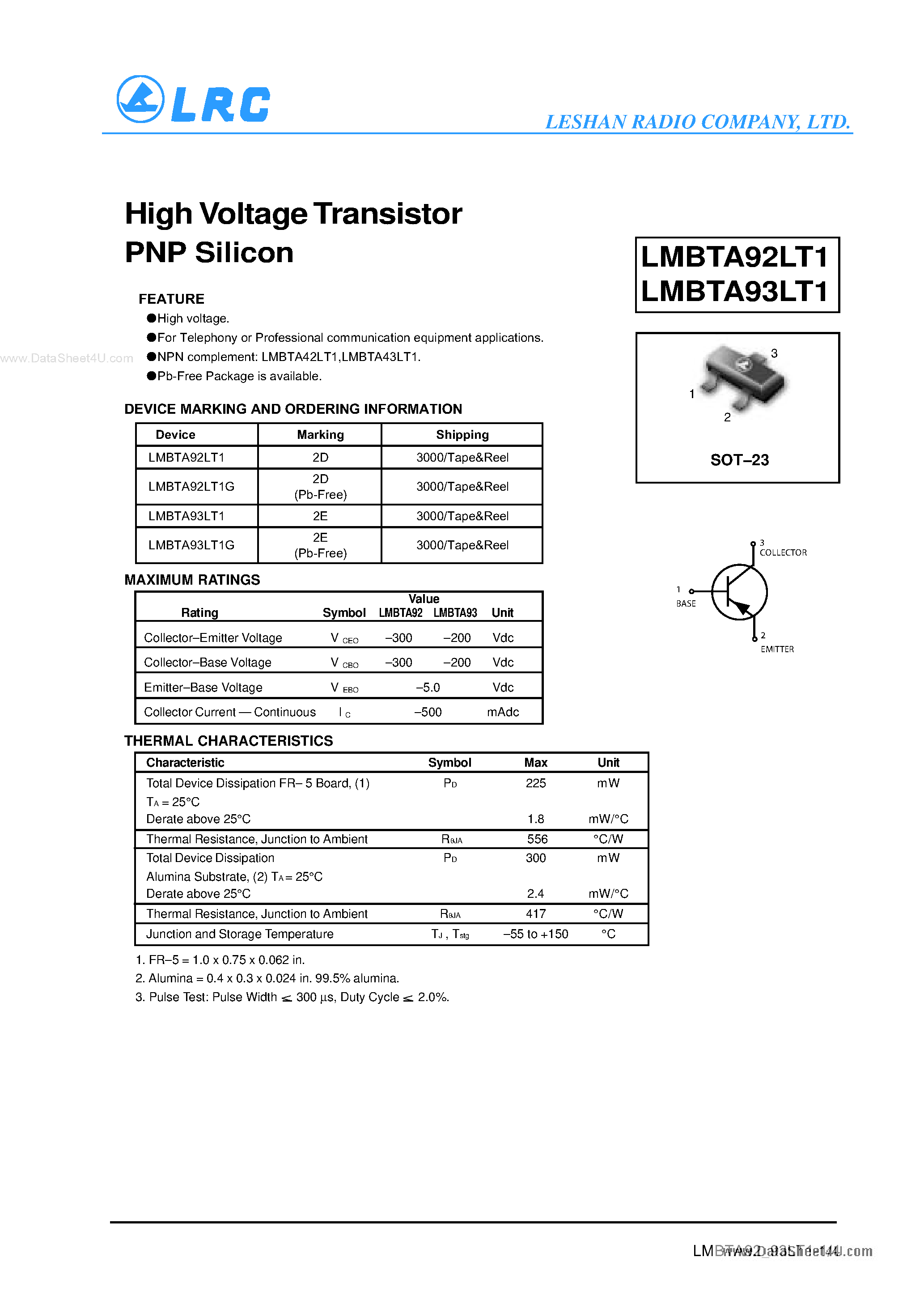 Даташит LMBTA92LT1 - (LMBTA92LT1 / LMBTA93LT1) Transistors страница 1