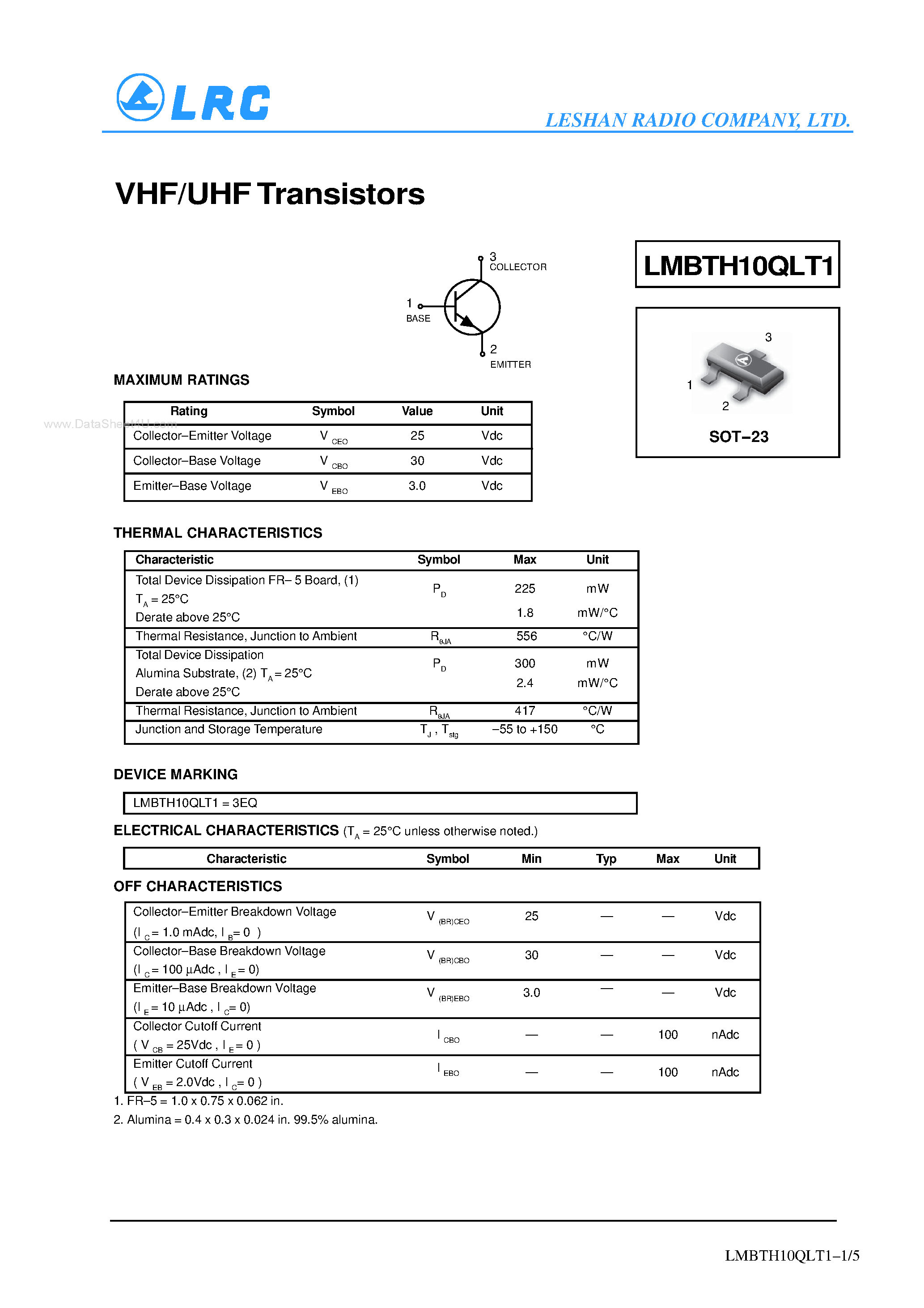 Даташит на микросхему LMBTH10QLT1 страница 1 Даташит LMBTH10QLT1 - Transistors страница 1