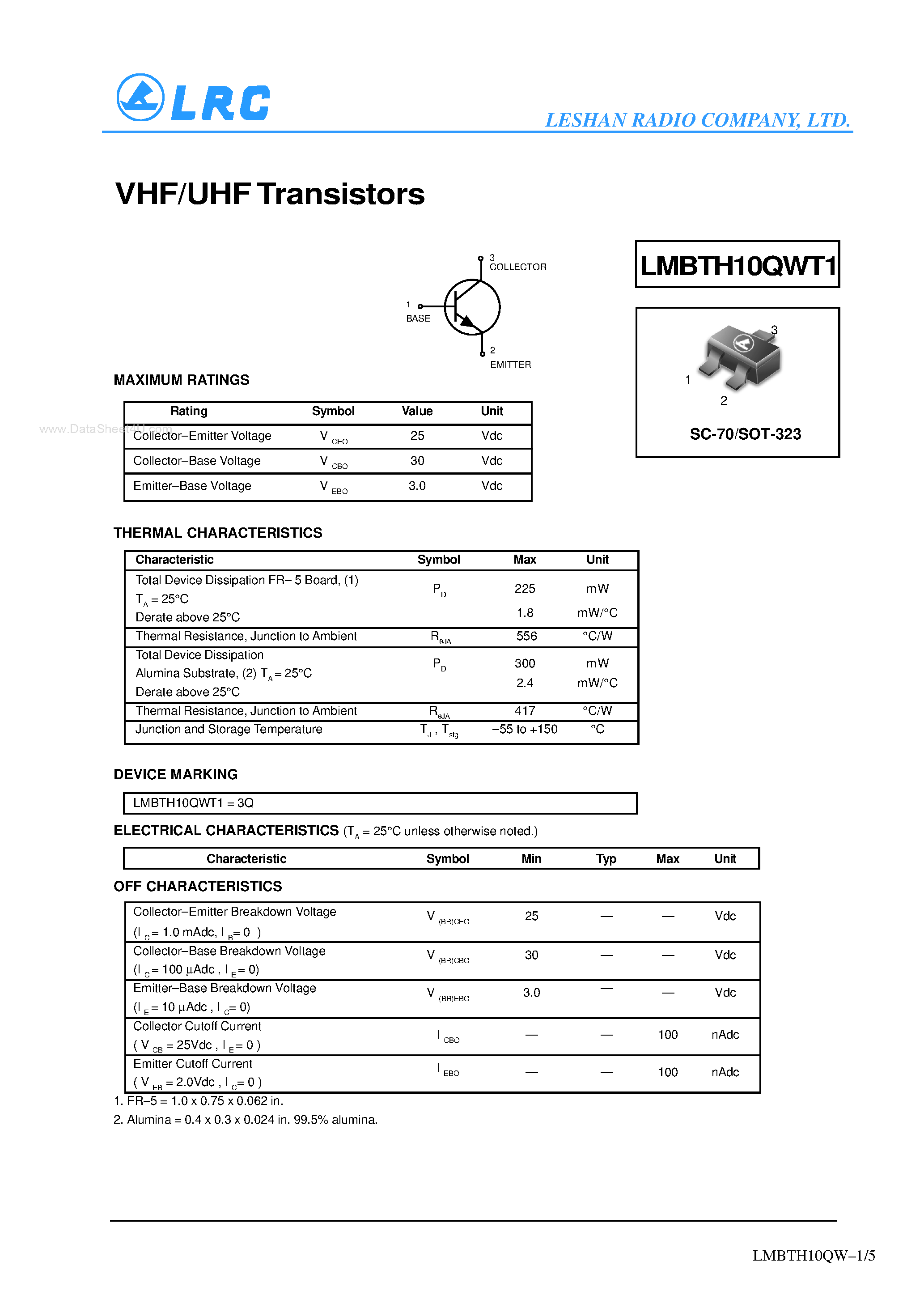 Даташит на микросхему LMBTH10QWT1 страница 1 Даташит LMBTH10QWT1 - Transistors страница 1